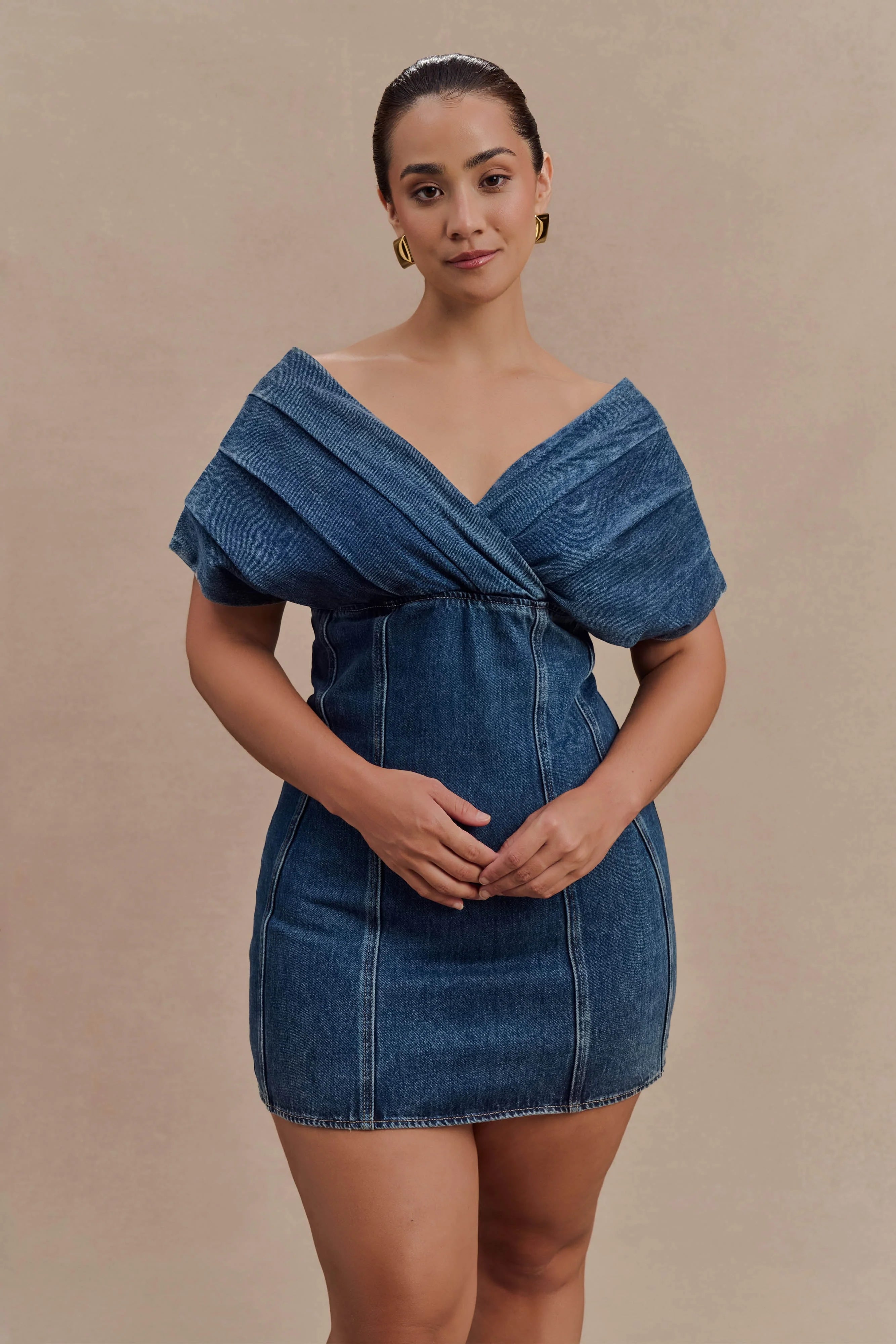 Pascale Off Shoulder Denim Mini Dress Washed Dark Blue