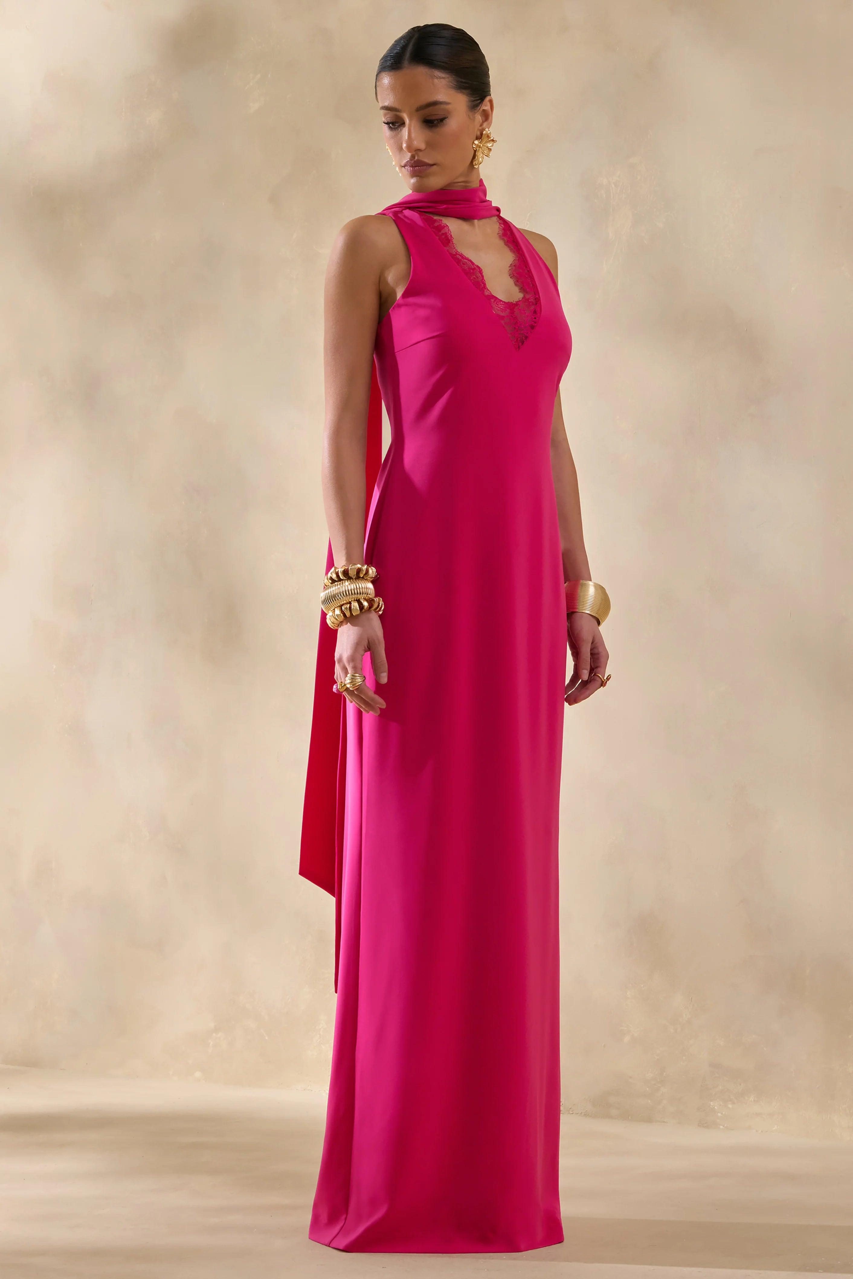 True Icon Hot Pink Satin High Neck Maxi Slip Dress With Sash
