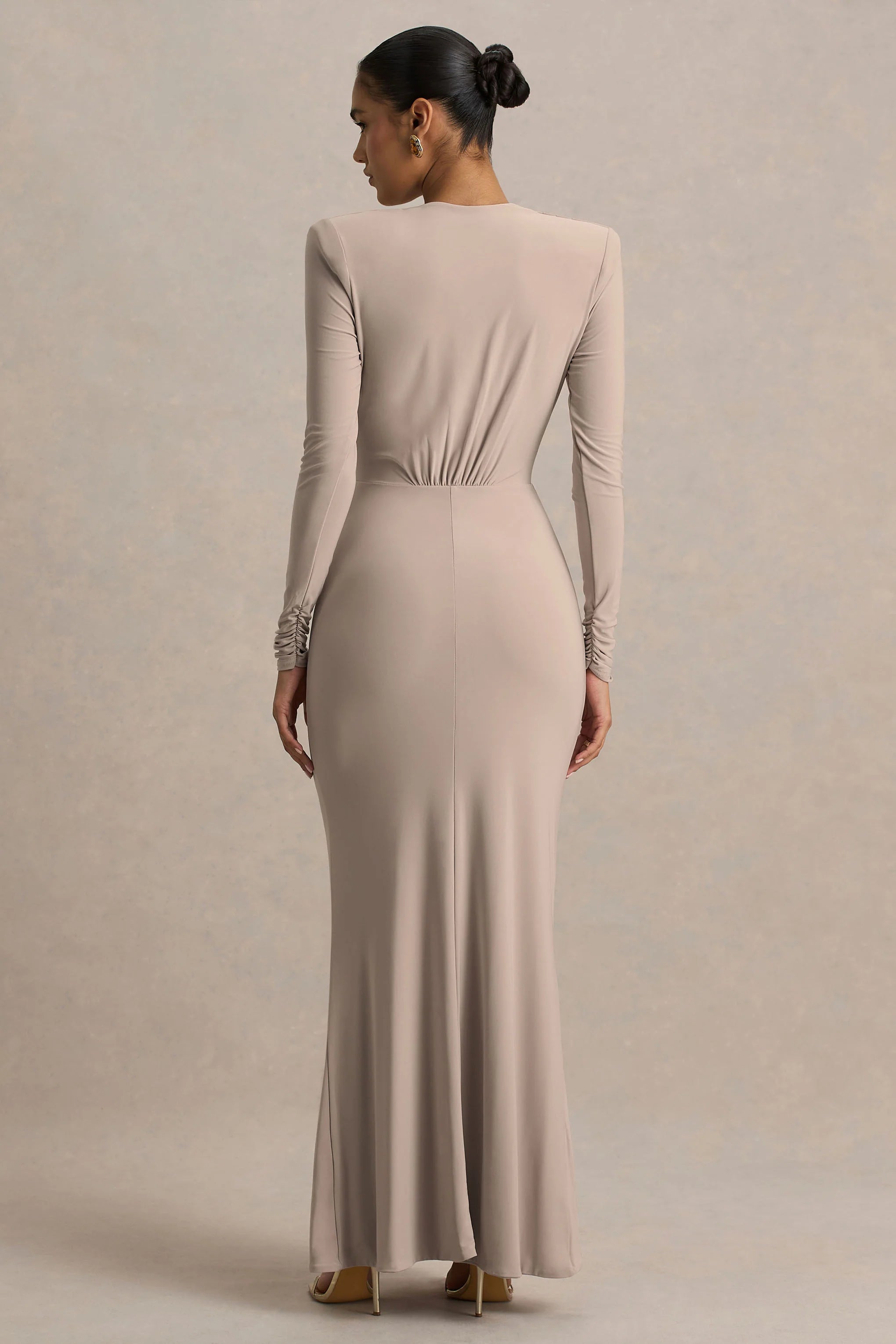 Flashy Champagne Plunge Neck Maxi Dress With Ruched Detailing