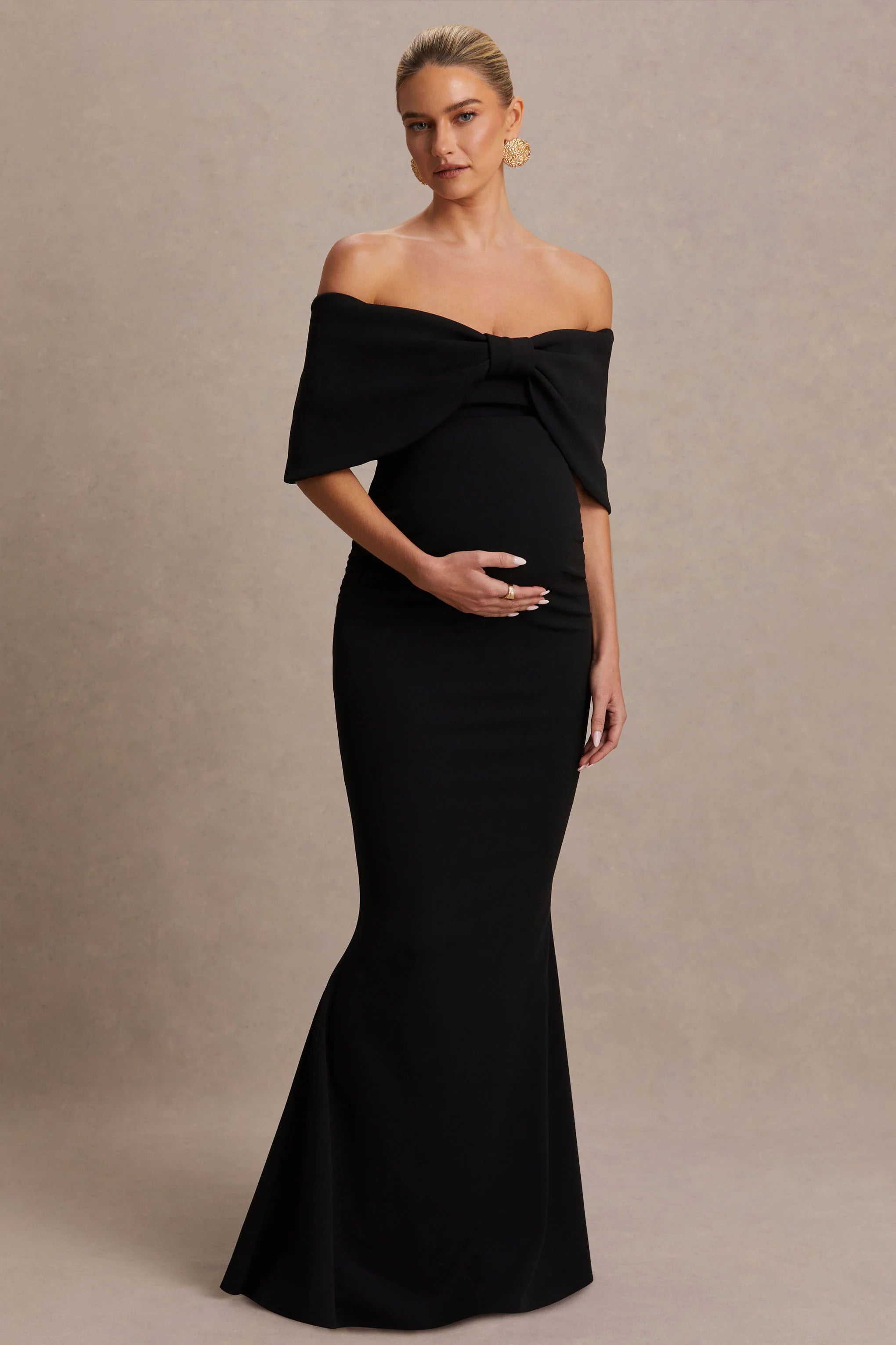 Libra Black Bow Bardot Maternity Maxi Dress