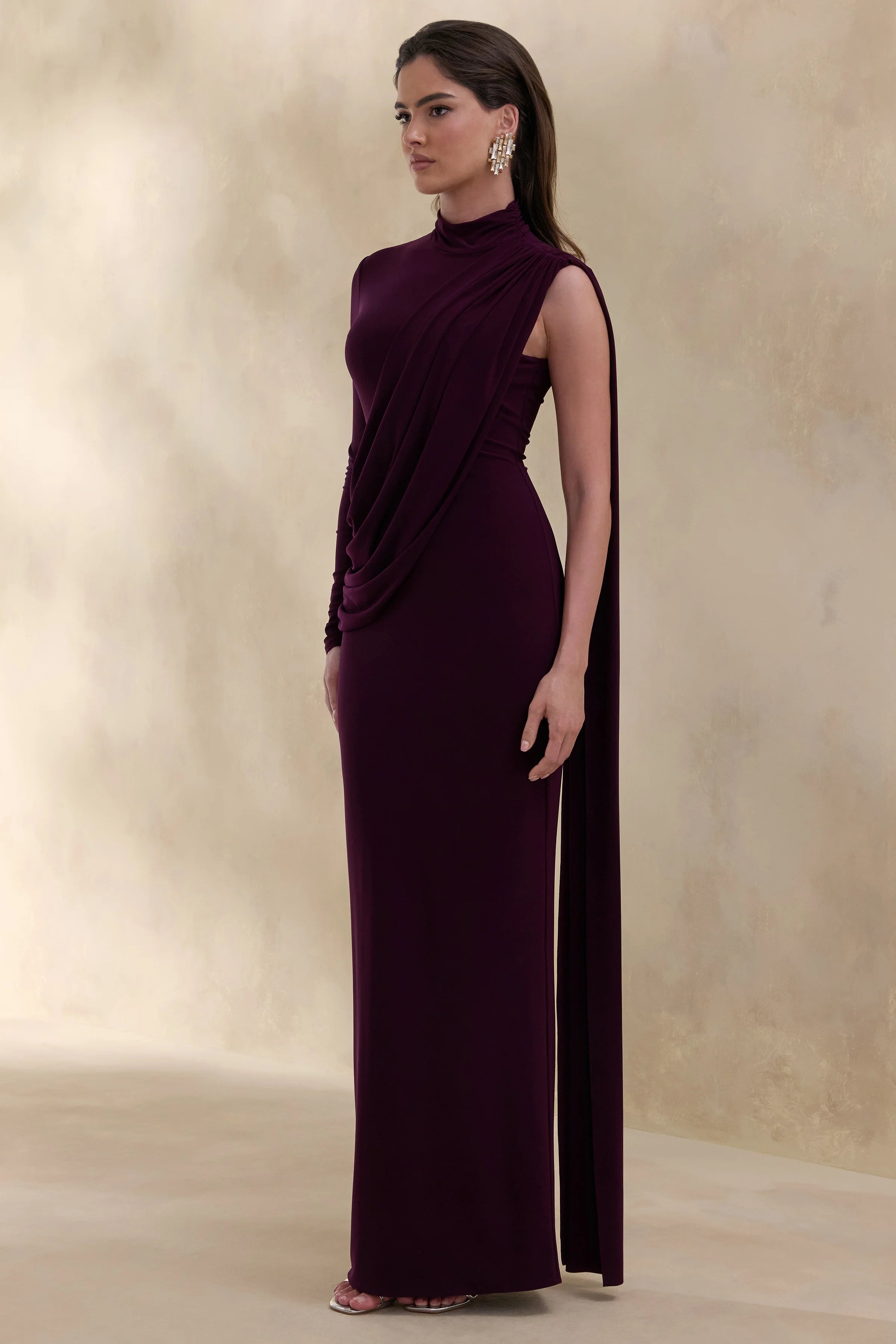 Oliria Dark Plum High Neck Maxi Dress With One Long Sleeve And Sash Detail