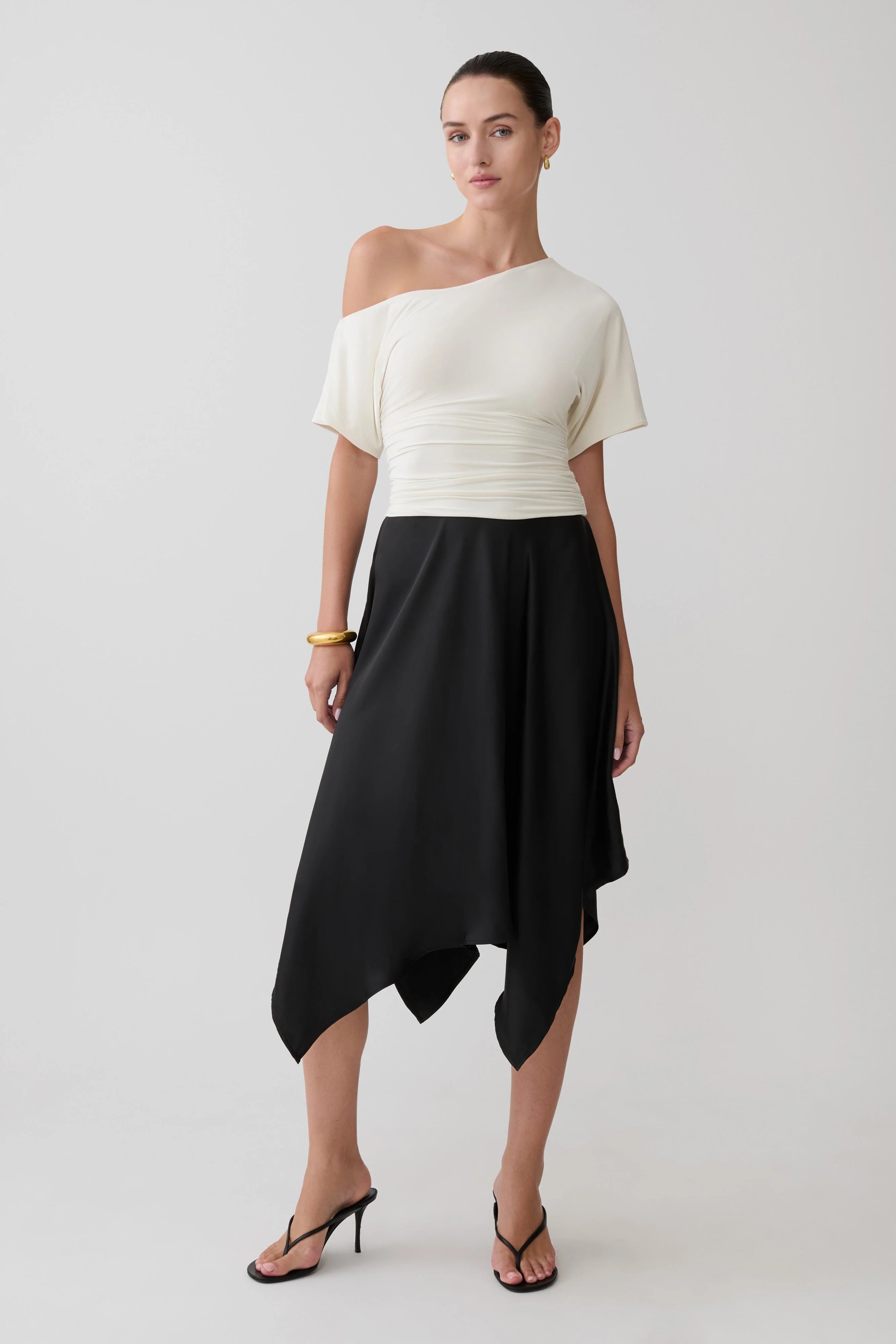 Coralie Asymmetric Satin Midi Skirt Black
