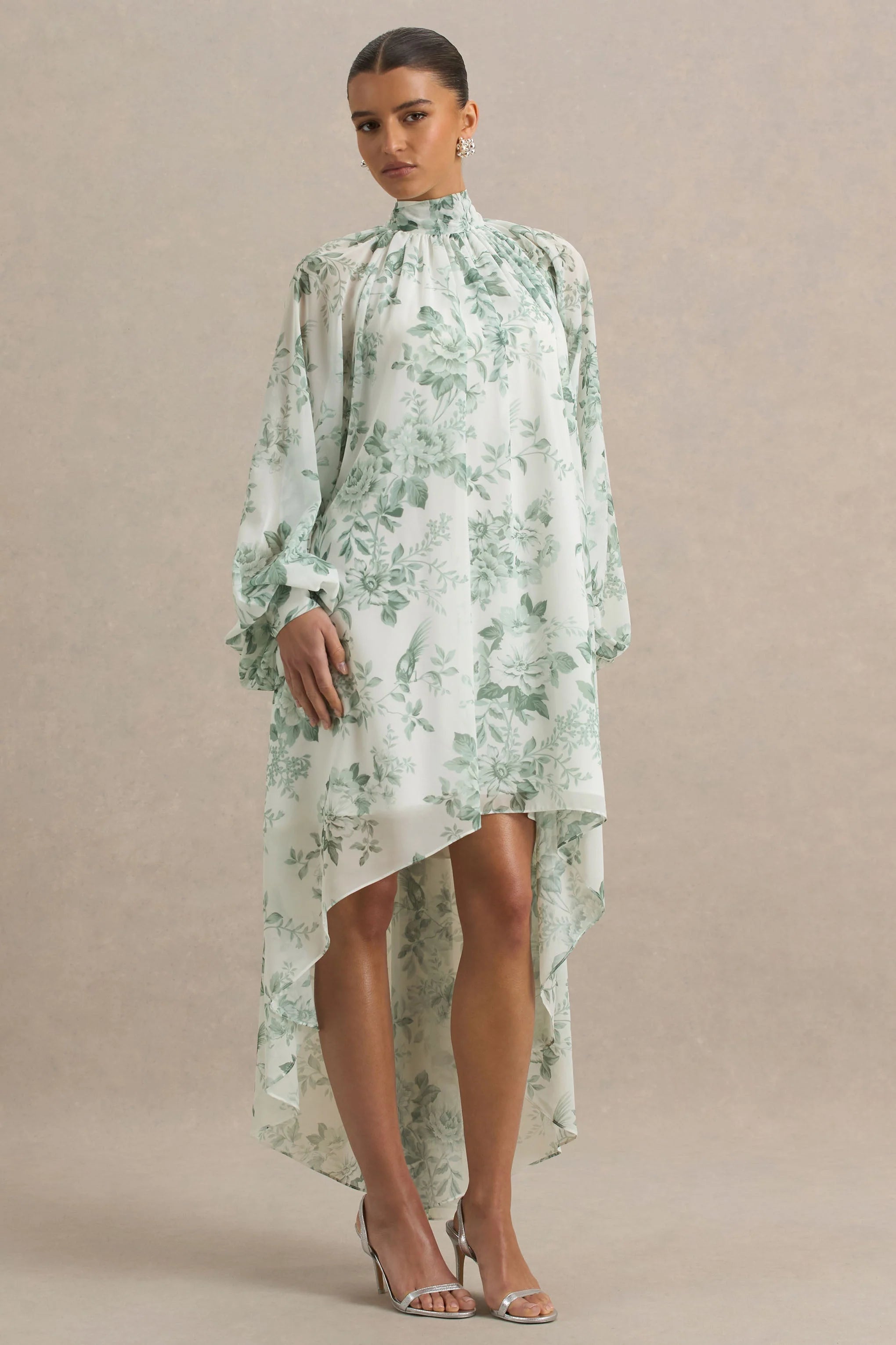 Delphia Green Floral Print High Neck Maxi Dress