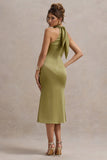 Violette Olive Satin High Neck Split Midi Dress