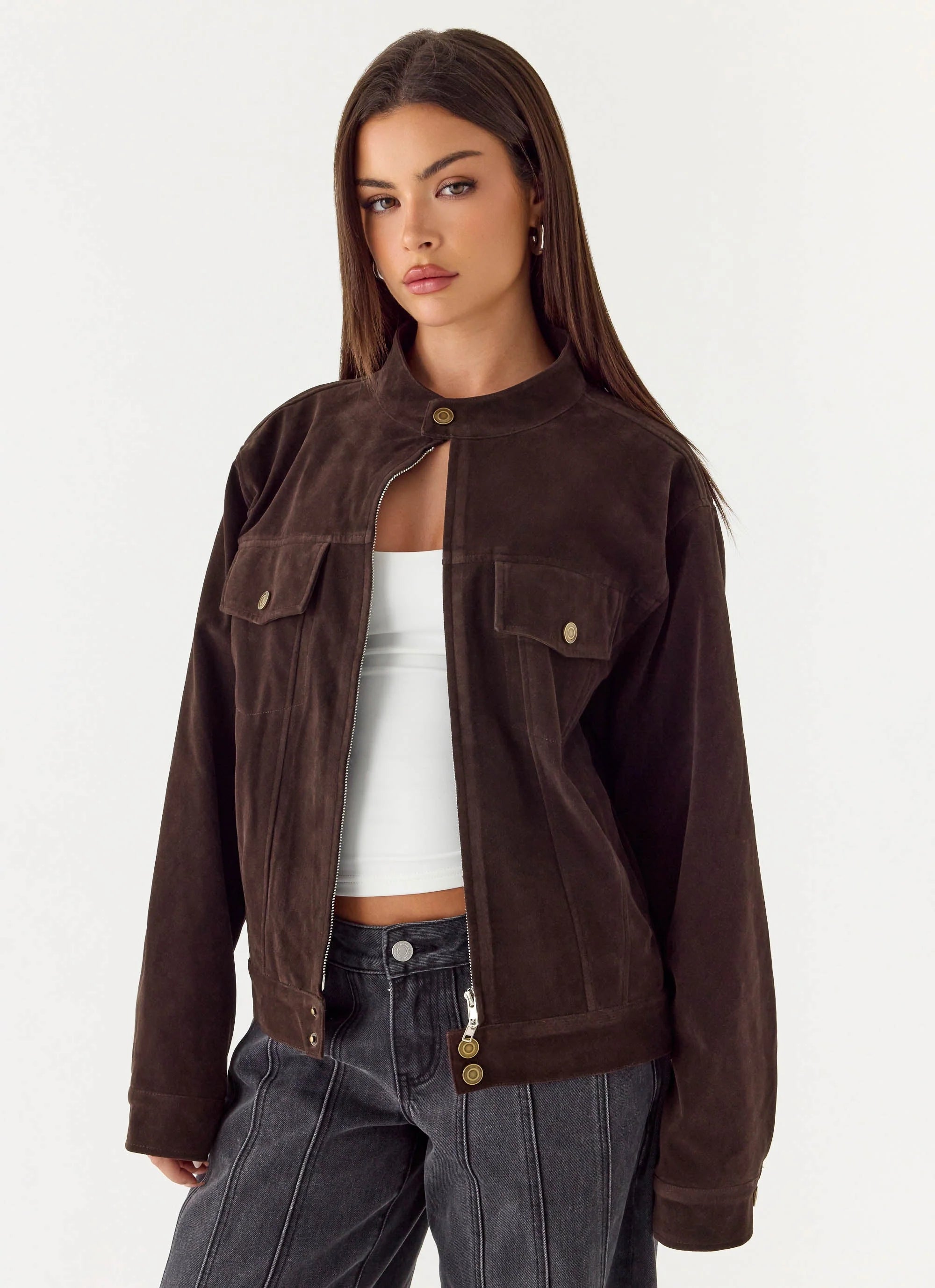 Jeremy Faux Suede Biker Jacket Dark Chocolate