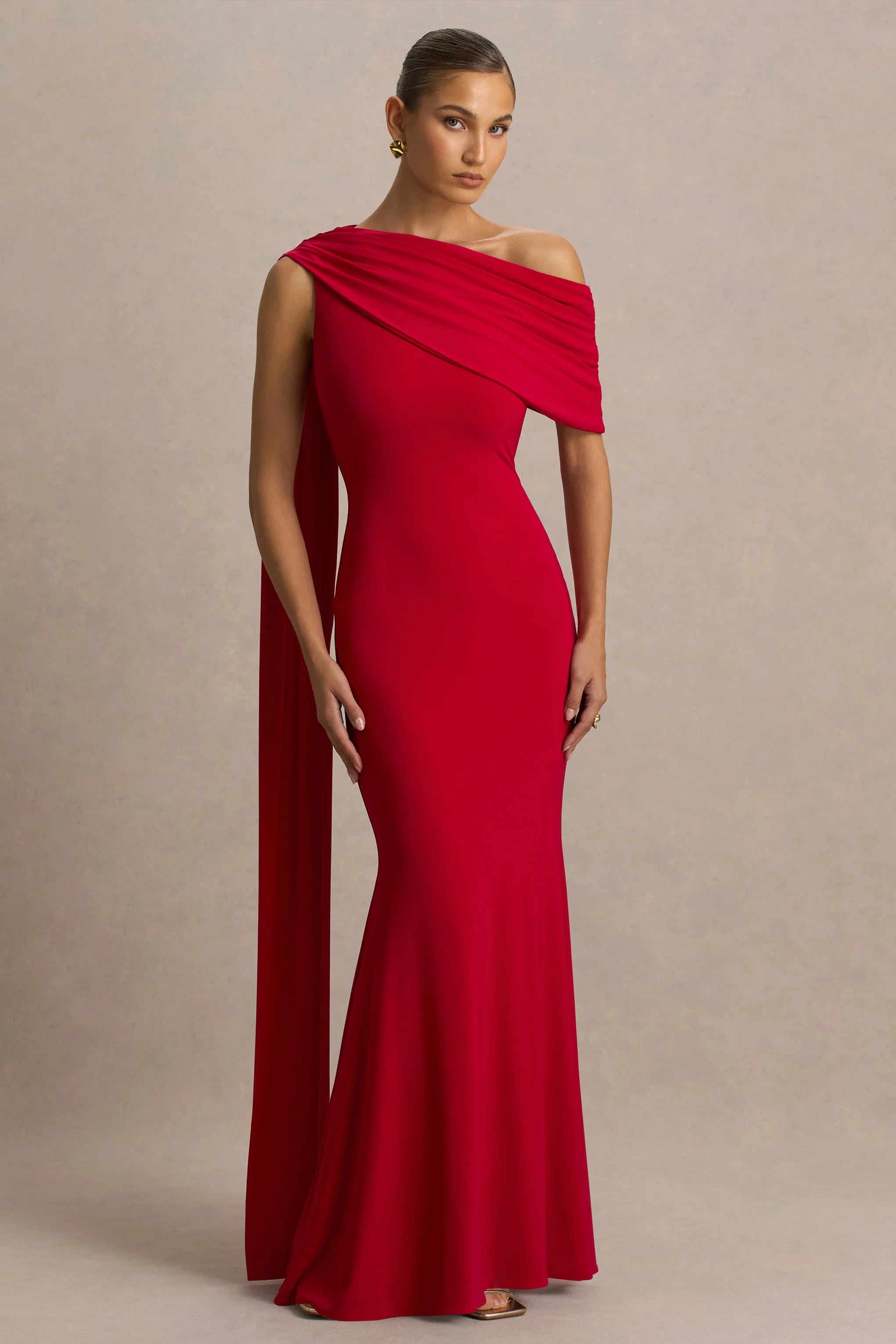 Zendaya Red Asymmetric Neck Fishtail Maxi Dress With Sash