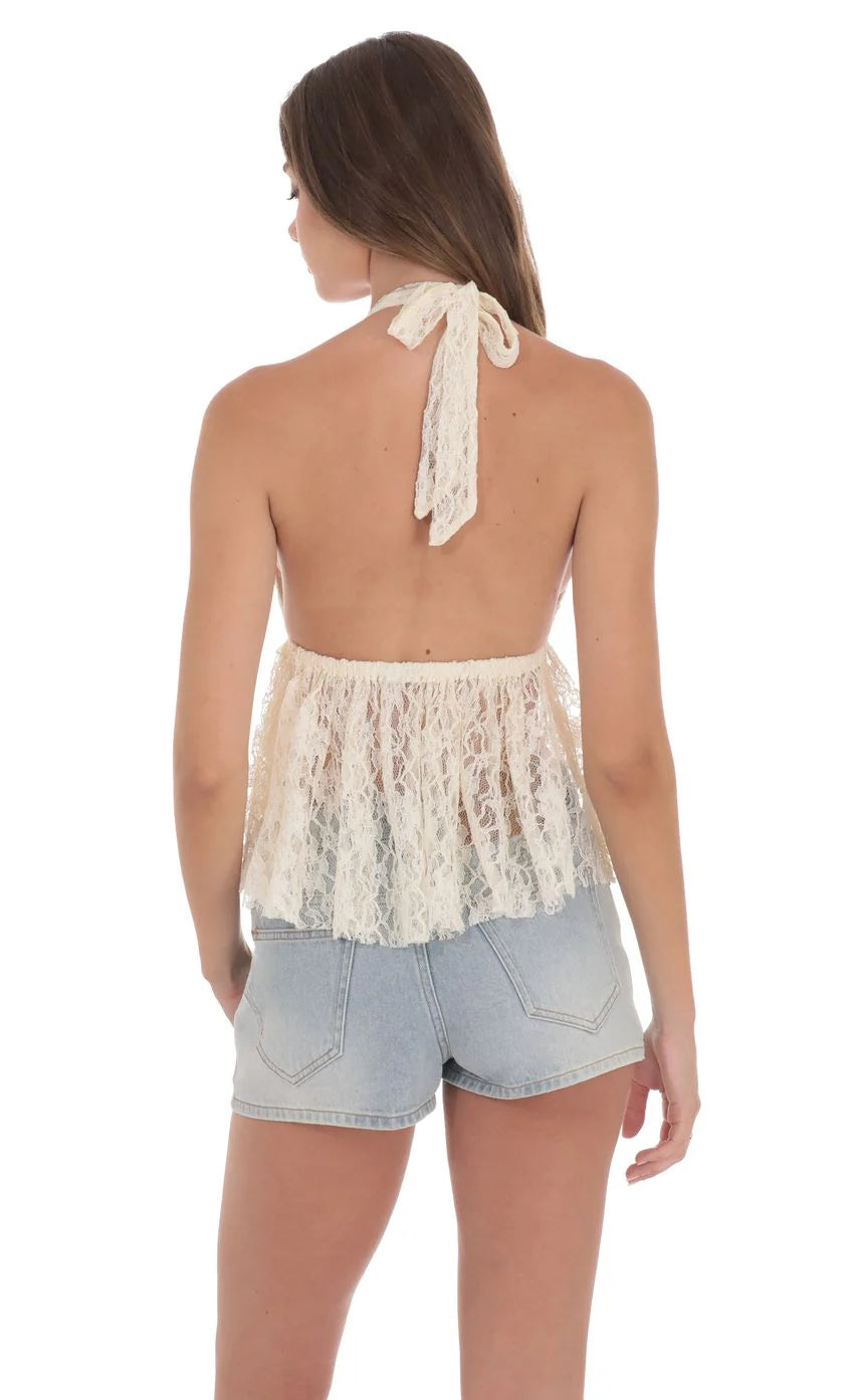 Lace Babydoll Halter Top in Ivory