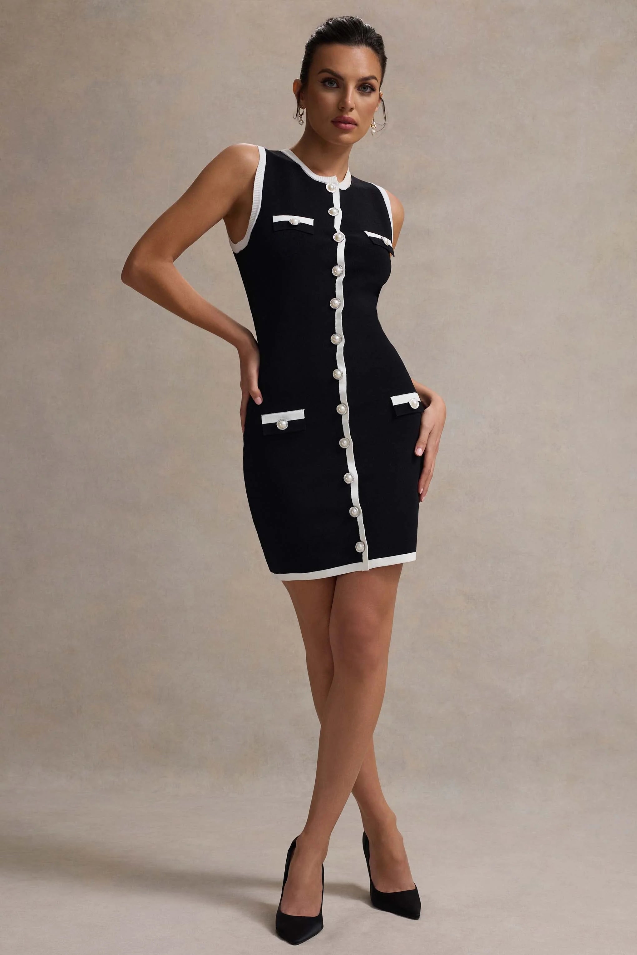 Versailles Black White Knit Sleeveless Mini Dress
