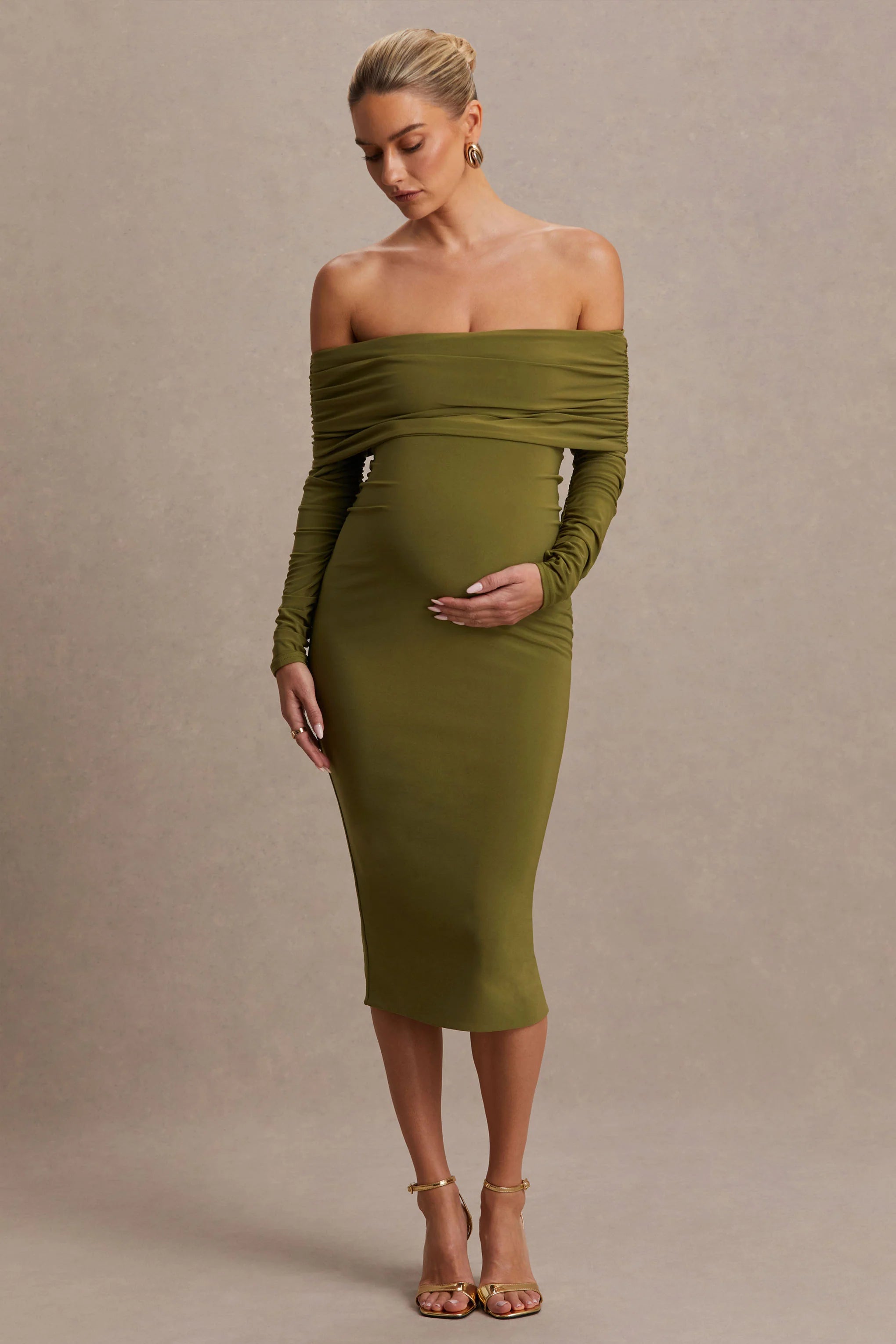 Elspeth Olive Bardot Neck Maternity Midi Dress