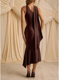 Women Formal Satin Dress One Shoulder Asymmetrical Scarf Mermaid Hem Midi Dress Cocktail Prom Gown