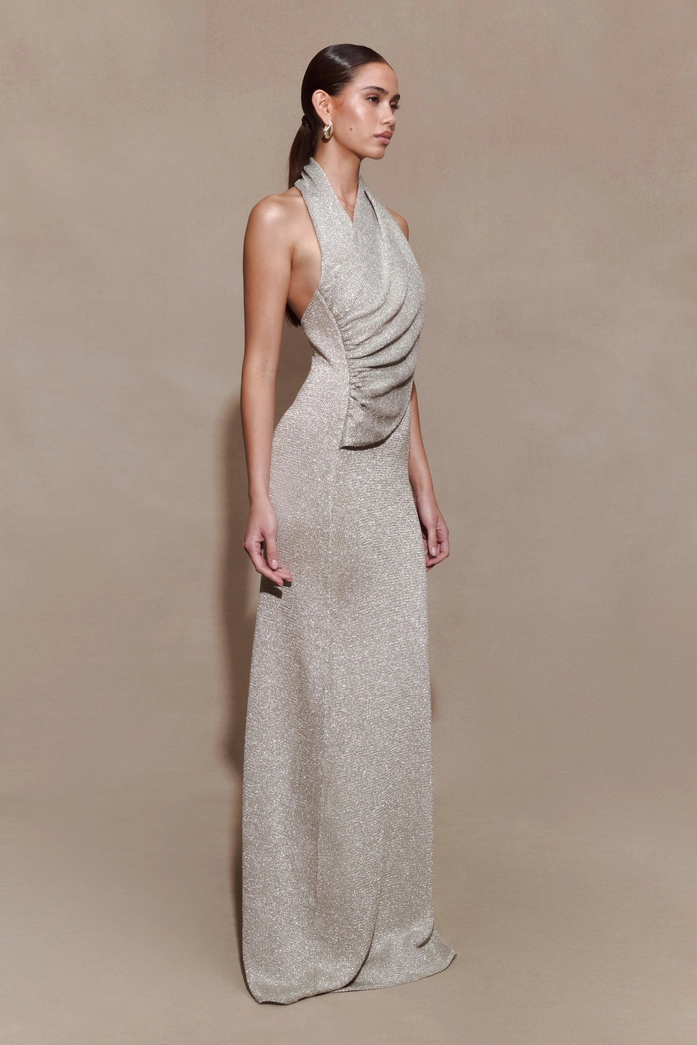 Elma Lurex Knit Halter Maxi Dress Silver