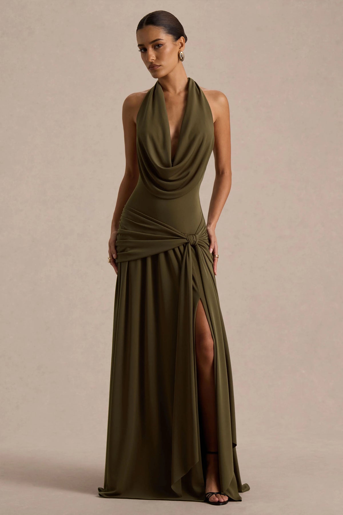 Mist Olive Plunge Neck Maxi Dress With Knot Detail And Open Back