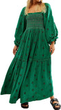 Women Floral Embroidered Maxi Dress Long Puff Sleeve Square Neck Bohemian Flowy Dress with Pockets Summer Fall
