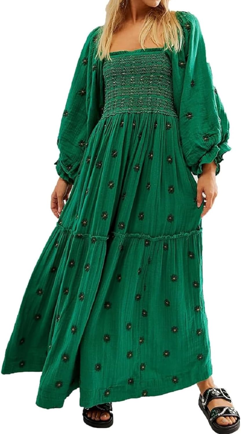 Women Floral Embroidered Maxi Dress Long Puff Sleeve Square Neck Bohemian Flowy Dress with Pockets Summer Fall