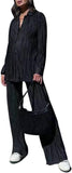 Pleated 2 Piece Outfits for Women Long Sleeve Oversized Button Down Shirt Wide Leg Pants Sets Casual Loungewear