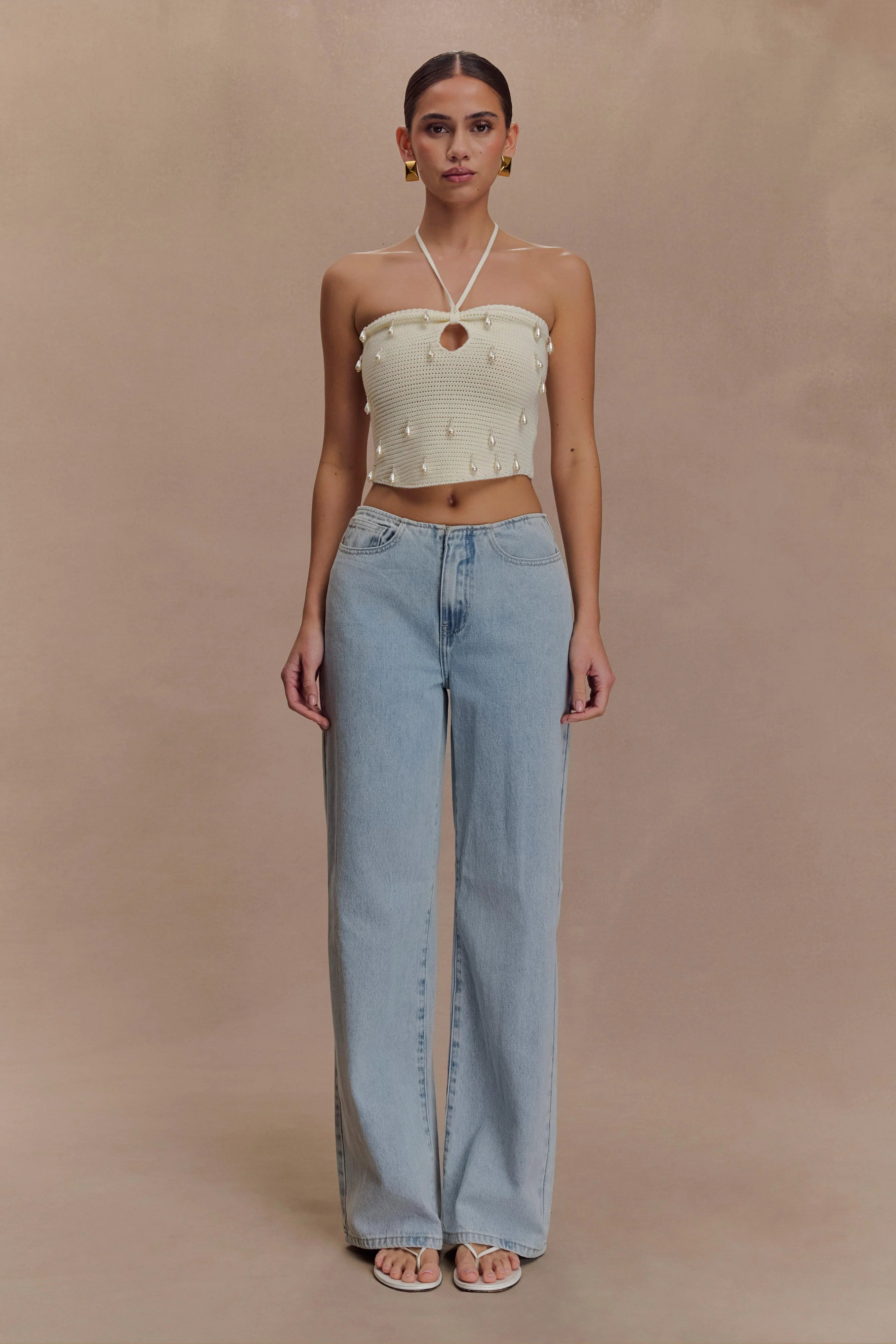 Aletta Knit Pearl Halter Top Ivory