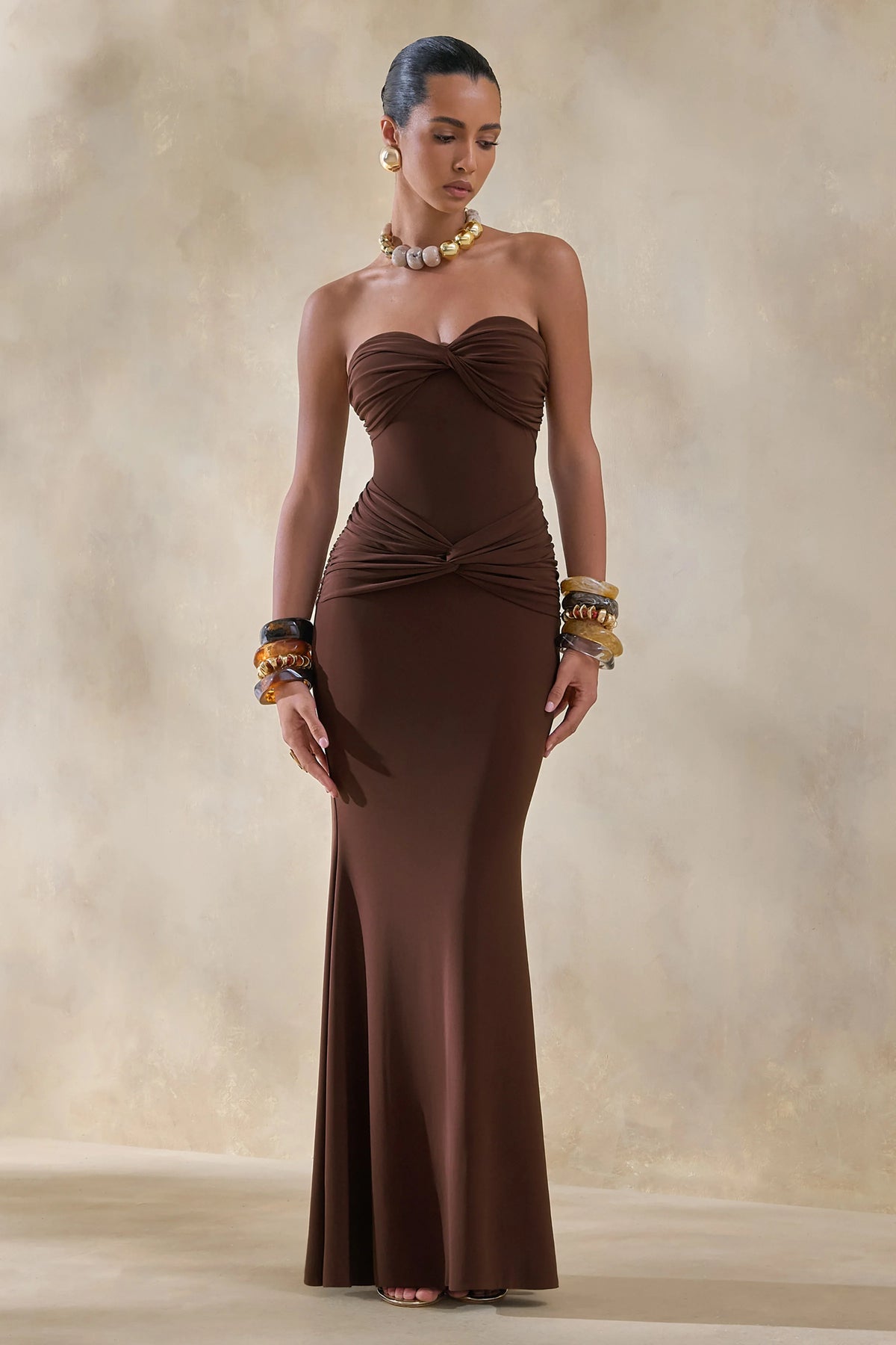 Elodia Brown Bandeau Maxi Dress With Gathered Detailing