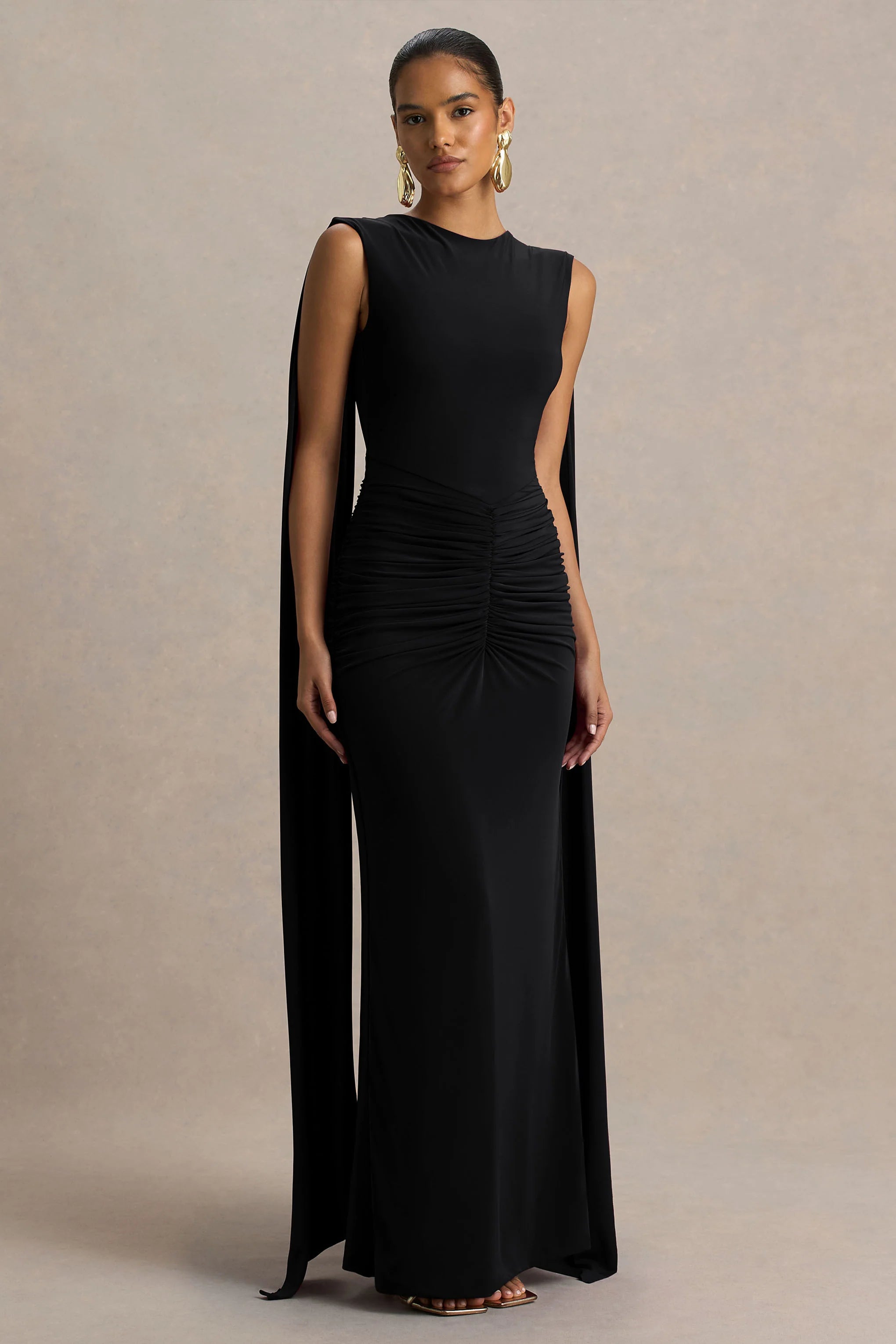 Premiere Black Boat Neck Maxi Dress With Open Back And Cape Sleeves