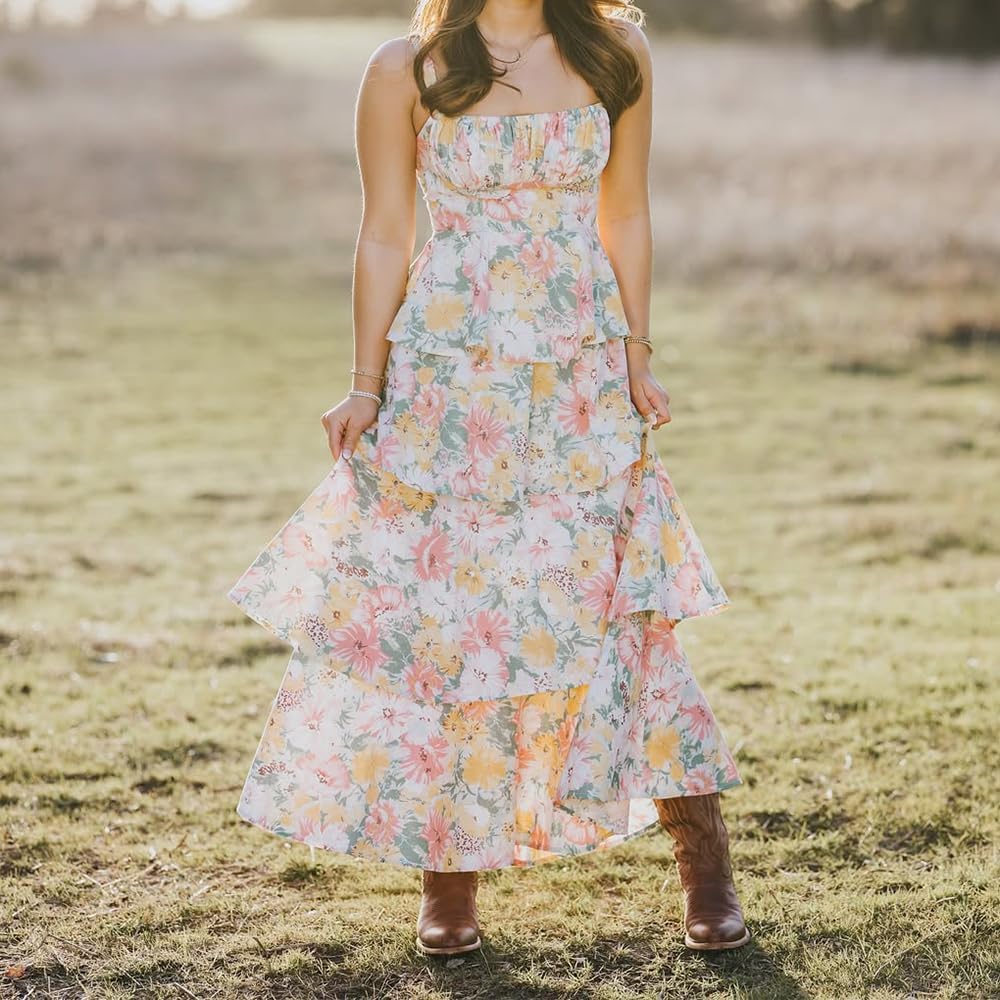 Women Floral Maxi Dress Sleeveless Bow Back Tiered Boho Flowy Long Dresses Summer Fall