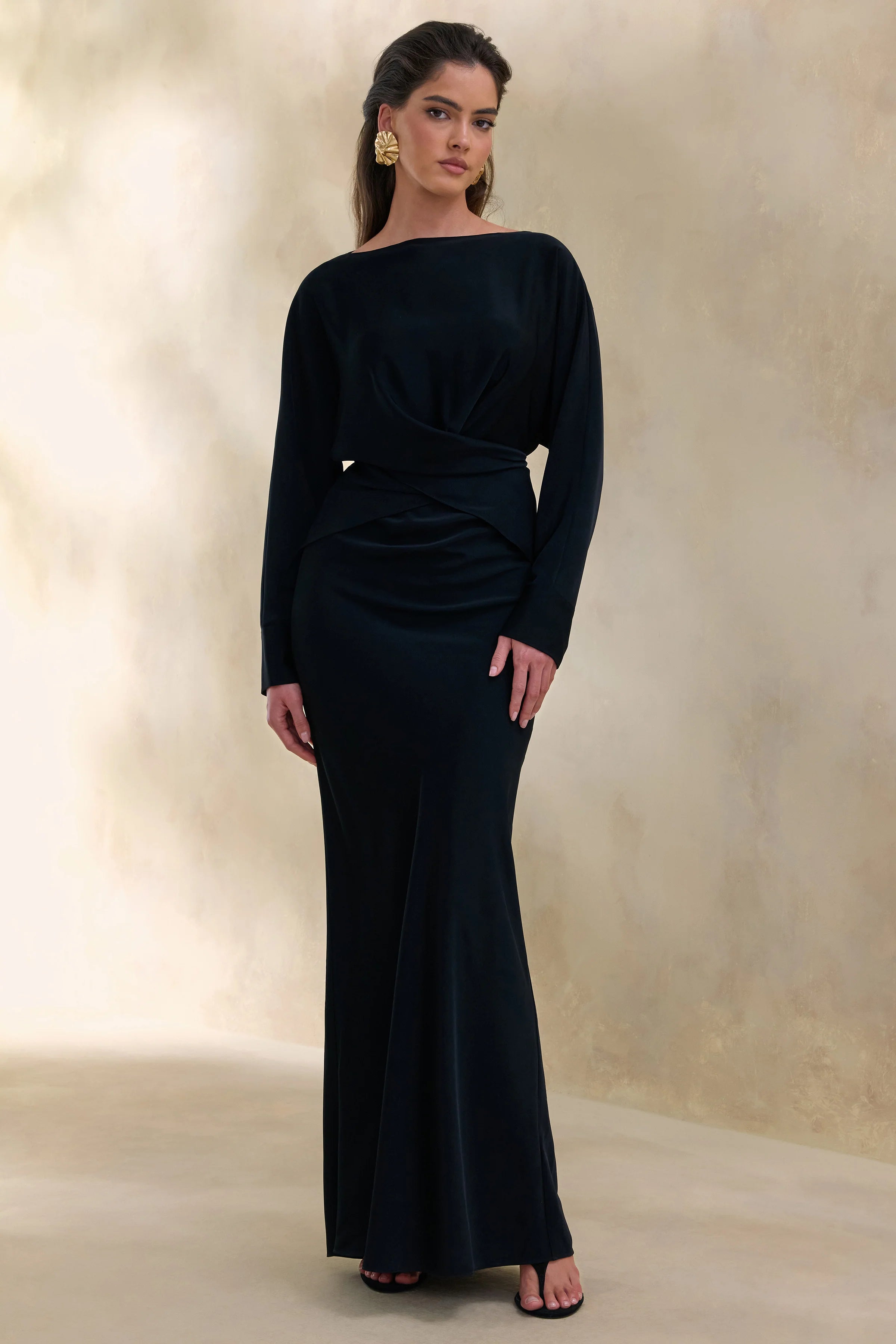 Elaria Black Satin Maxi Skirt