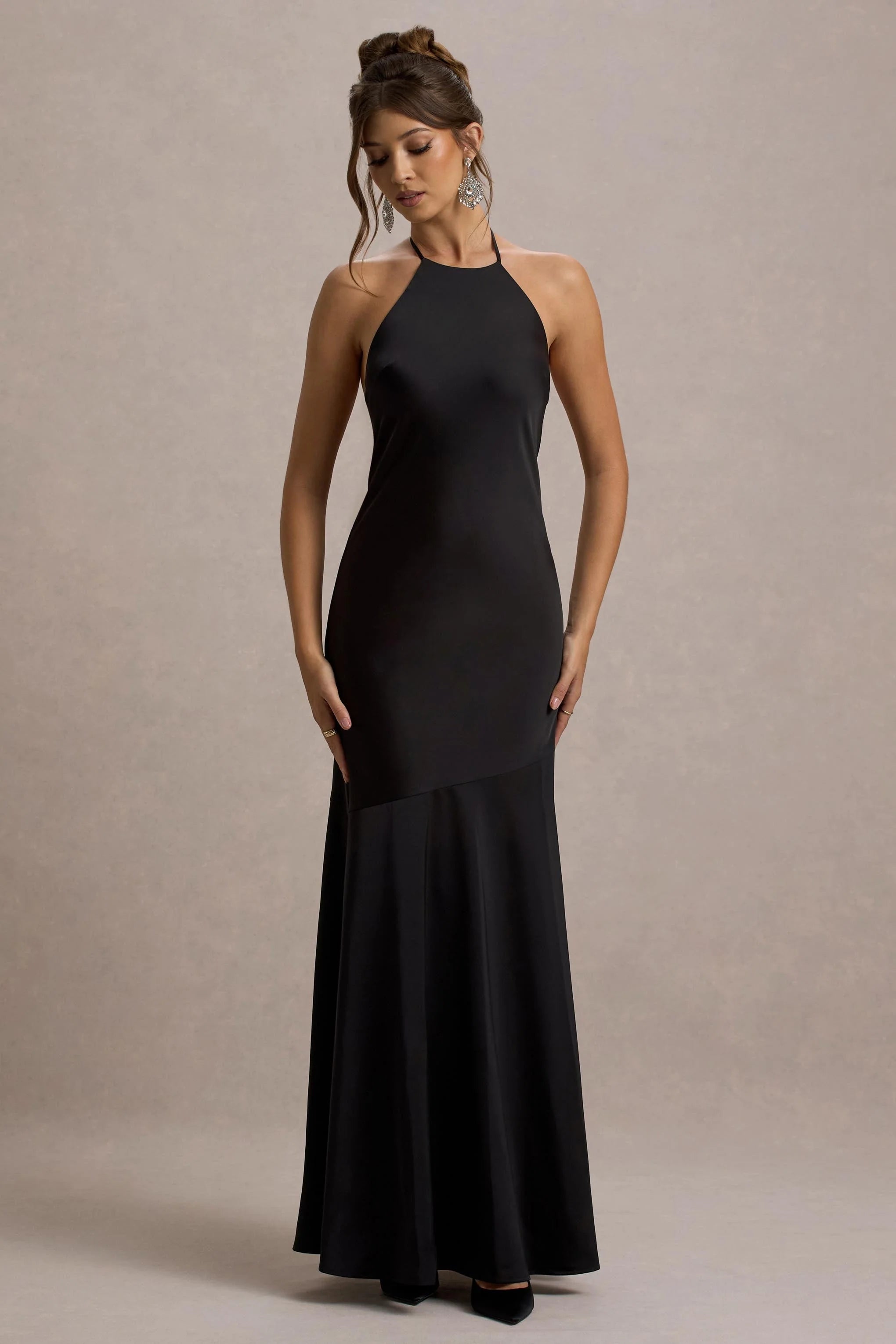 Frida Black Satin Halter Neck Backless Maxi Dress