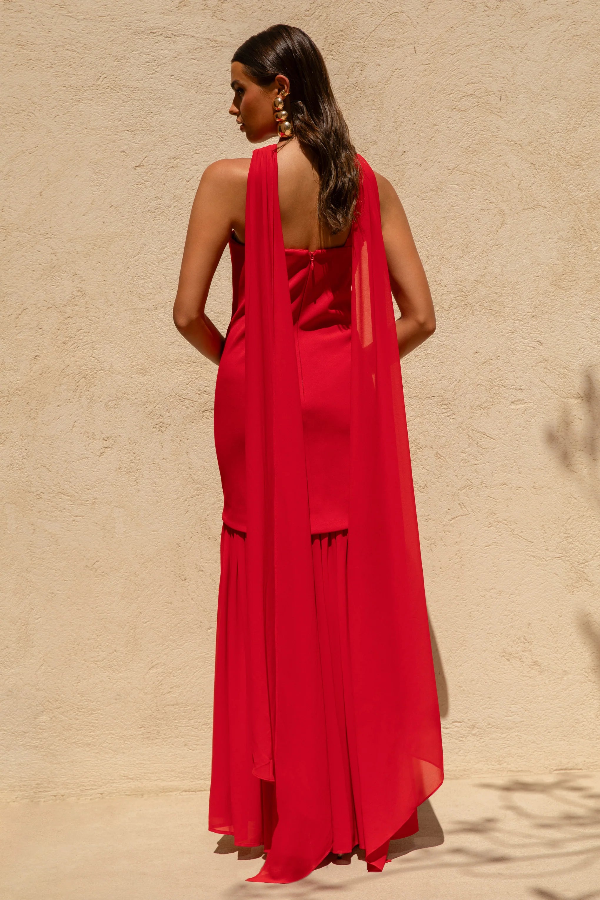 Kylie Red High Neck Maxi Dress With Chiffon Skirt