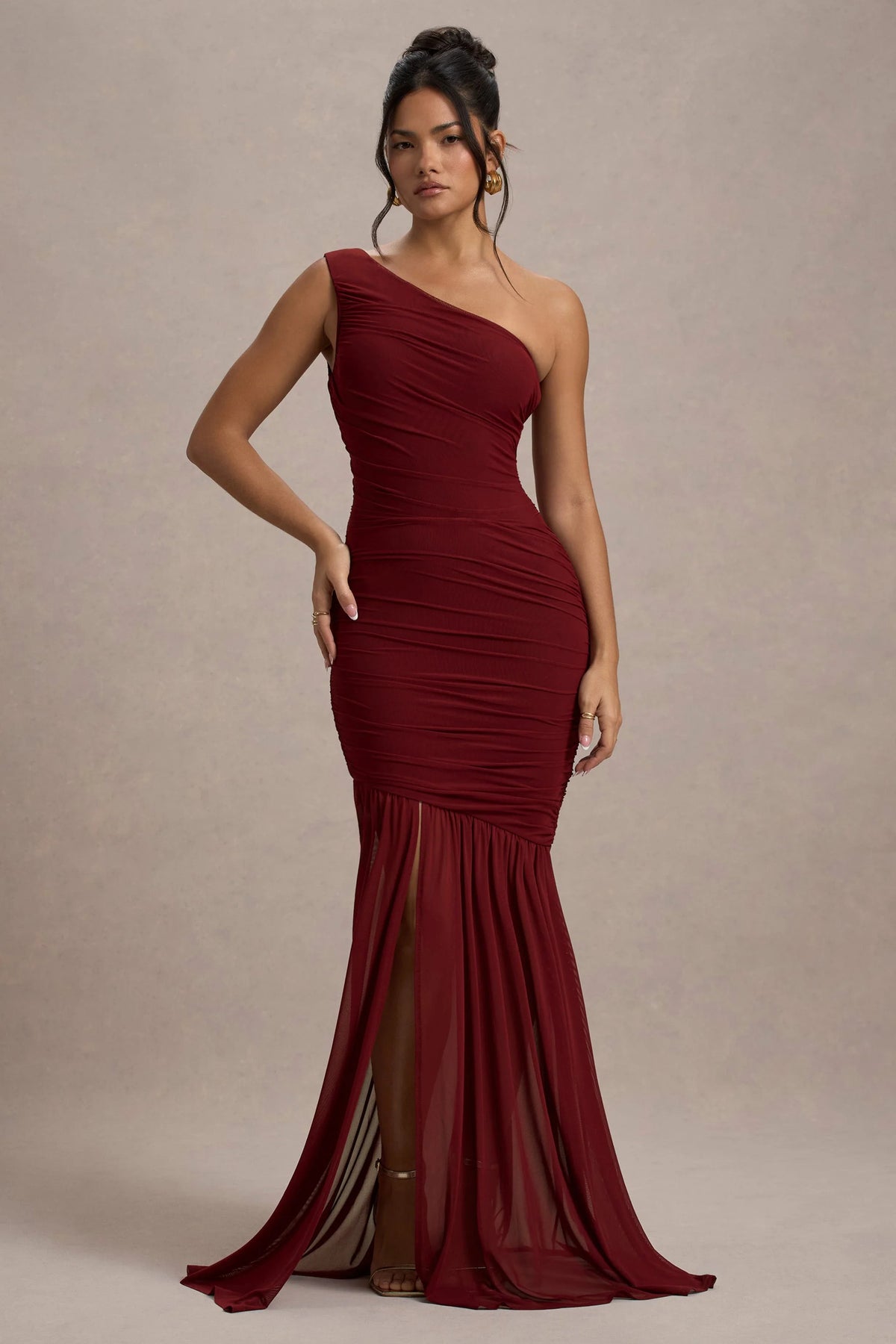 Bastia Burgundy Ruched Mesh Asymmetric Maxi Dress