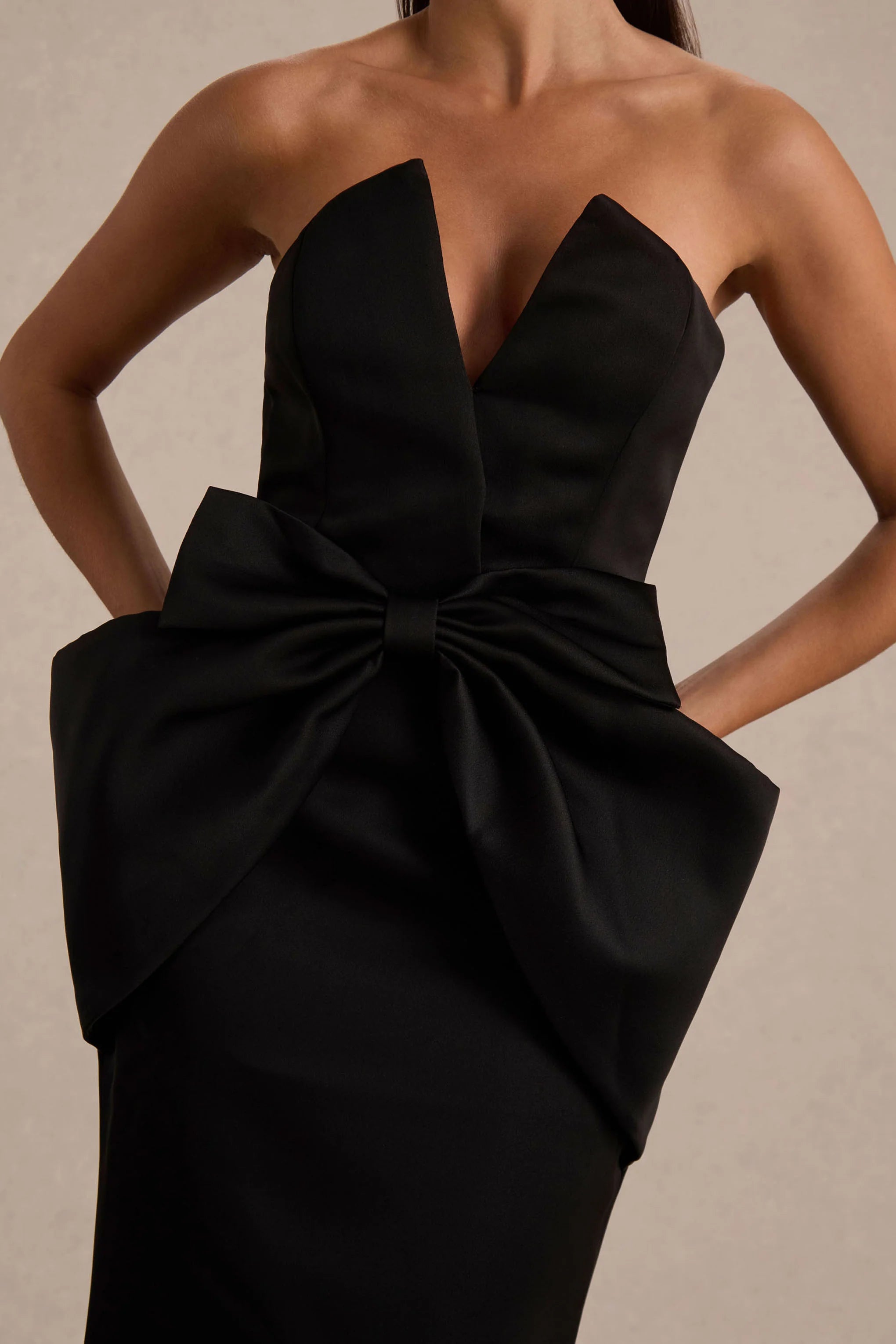 Sonata Black Satin Bandeau Maxi Dress With Bow Detail