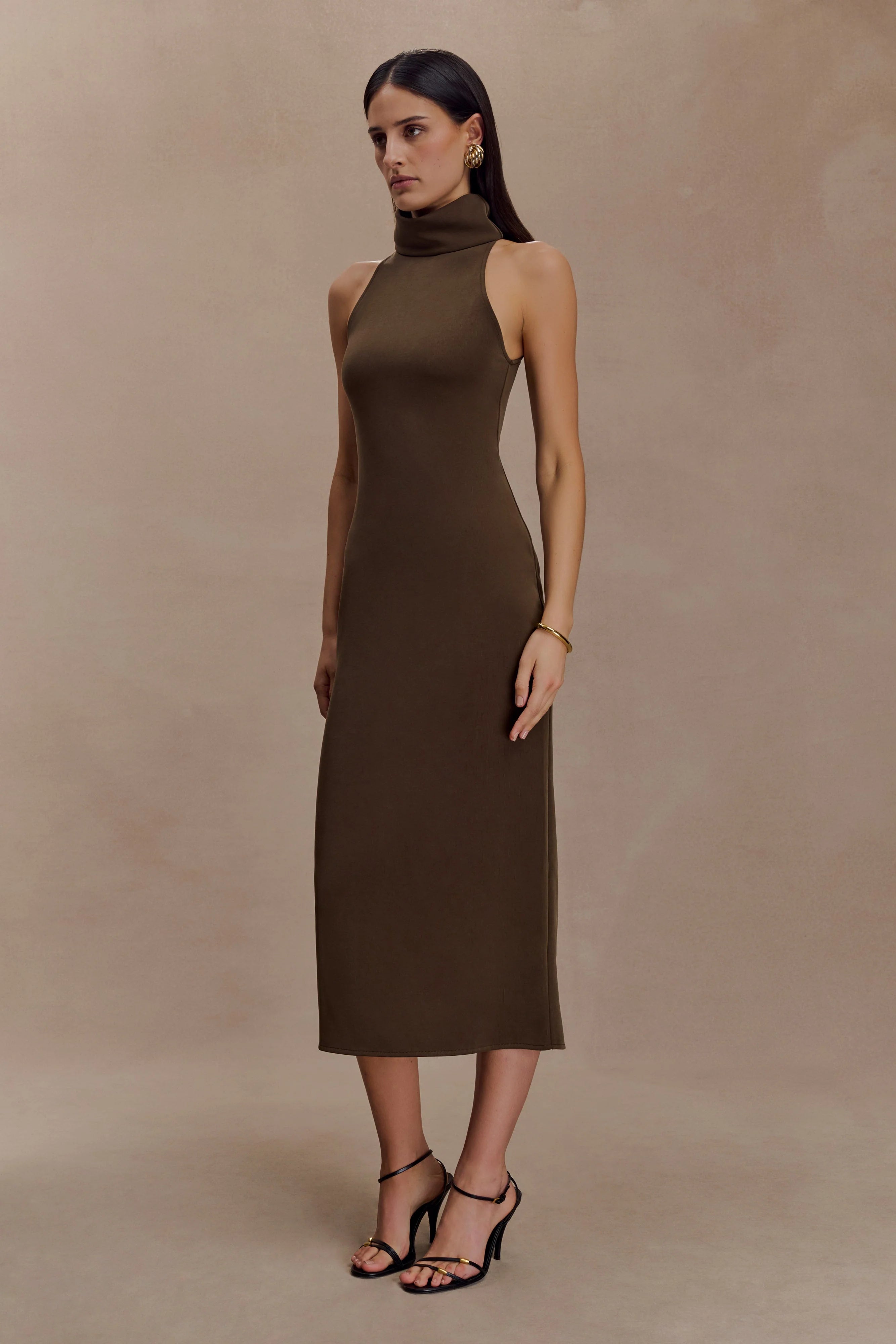Kennedy High Neck Midi Dress Chocolate