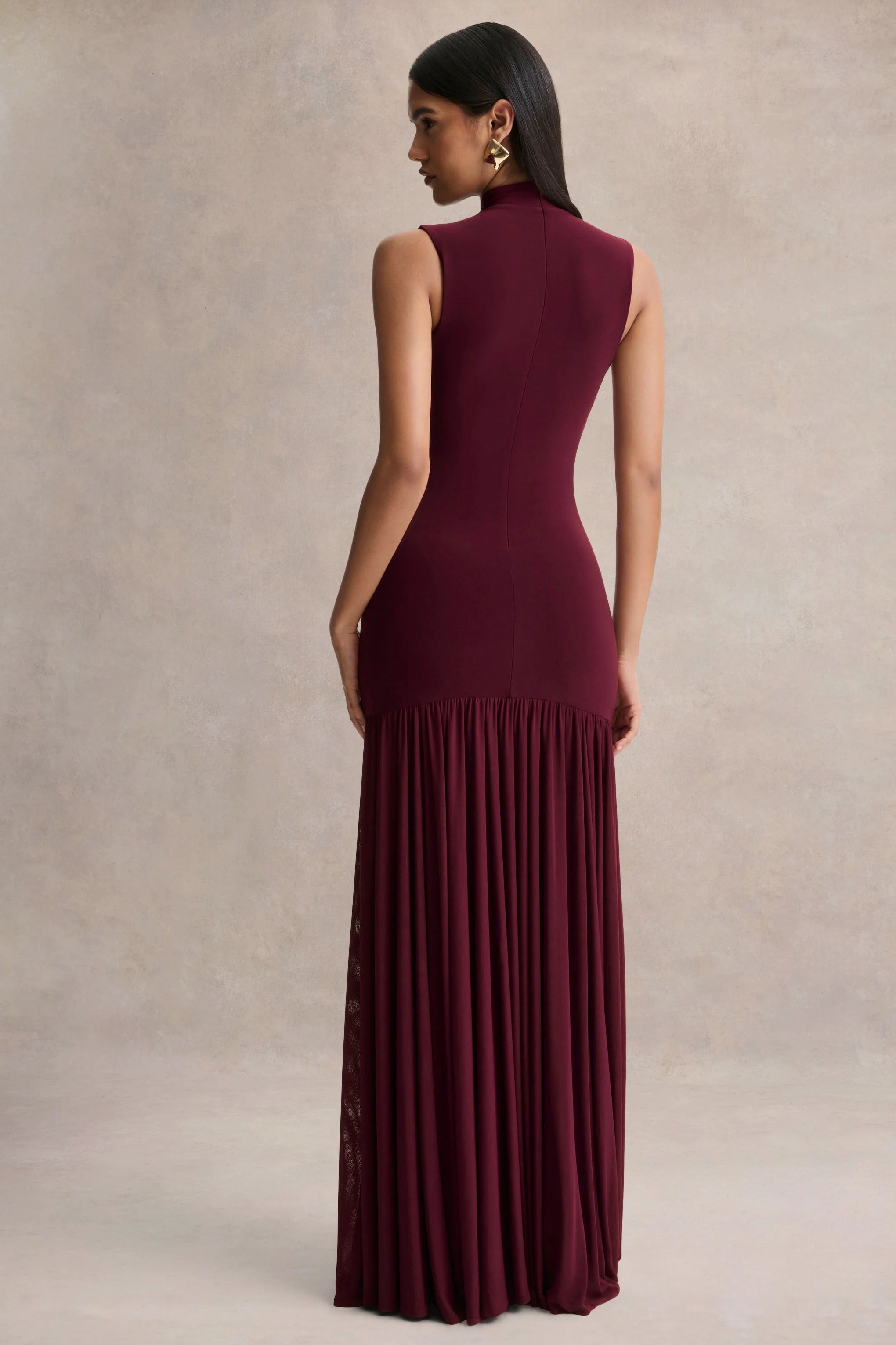 Gigi Burgundy High Neck Maxi Dress With Drop Waist And Sheer Skirt