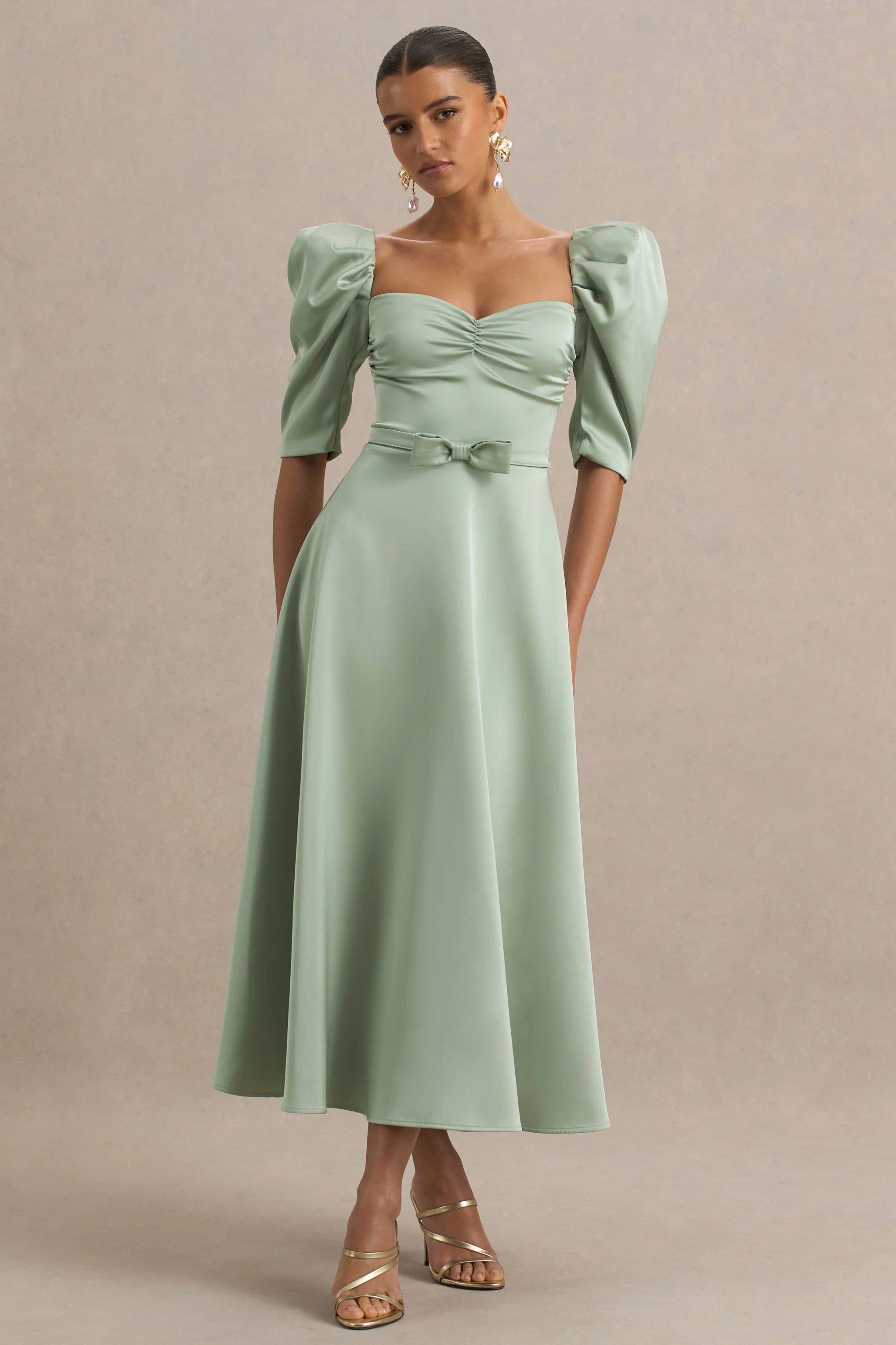 Rosey Green Satin Sweetheart Midi Dress
