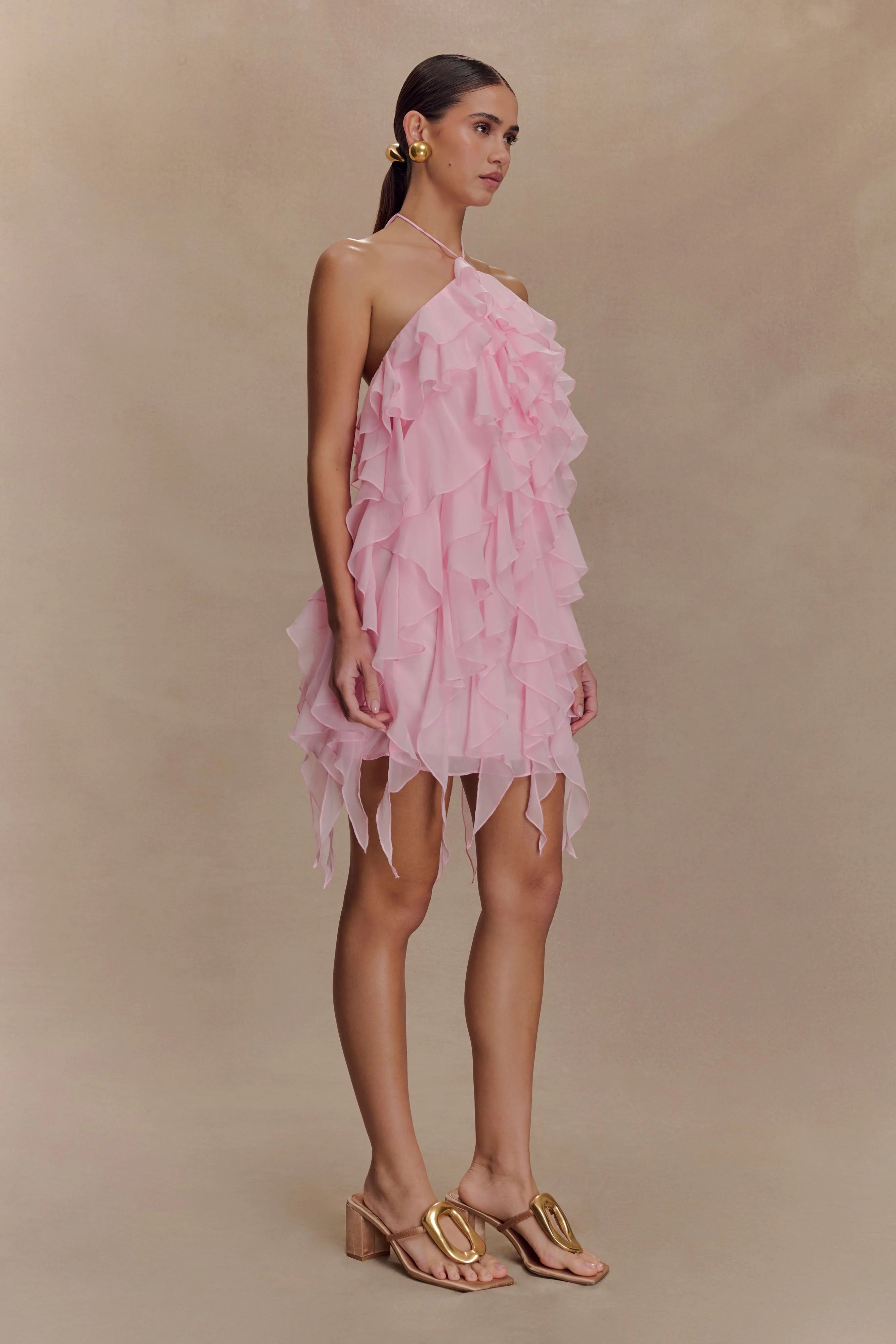 Marigold Ruffle Halter Mini Dress Powder Pink