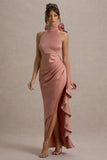 Maureen Pink Satin High Neck Draped Maxi Dress