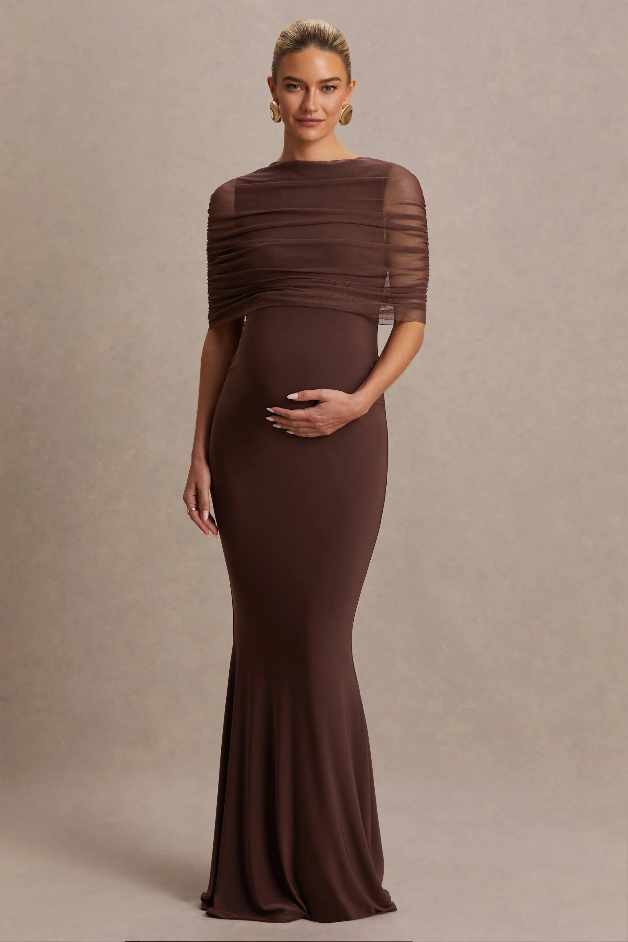 Zaria Brown Crew Neck Maternity Maxi Dress With Cape Overlay