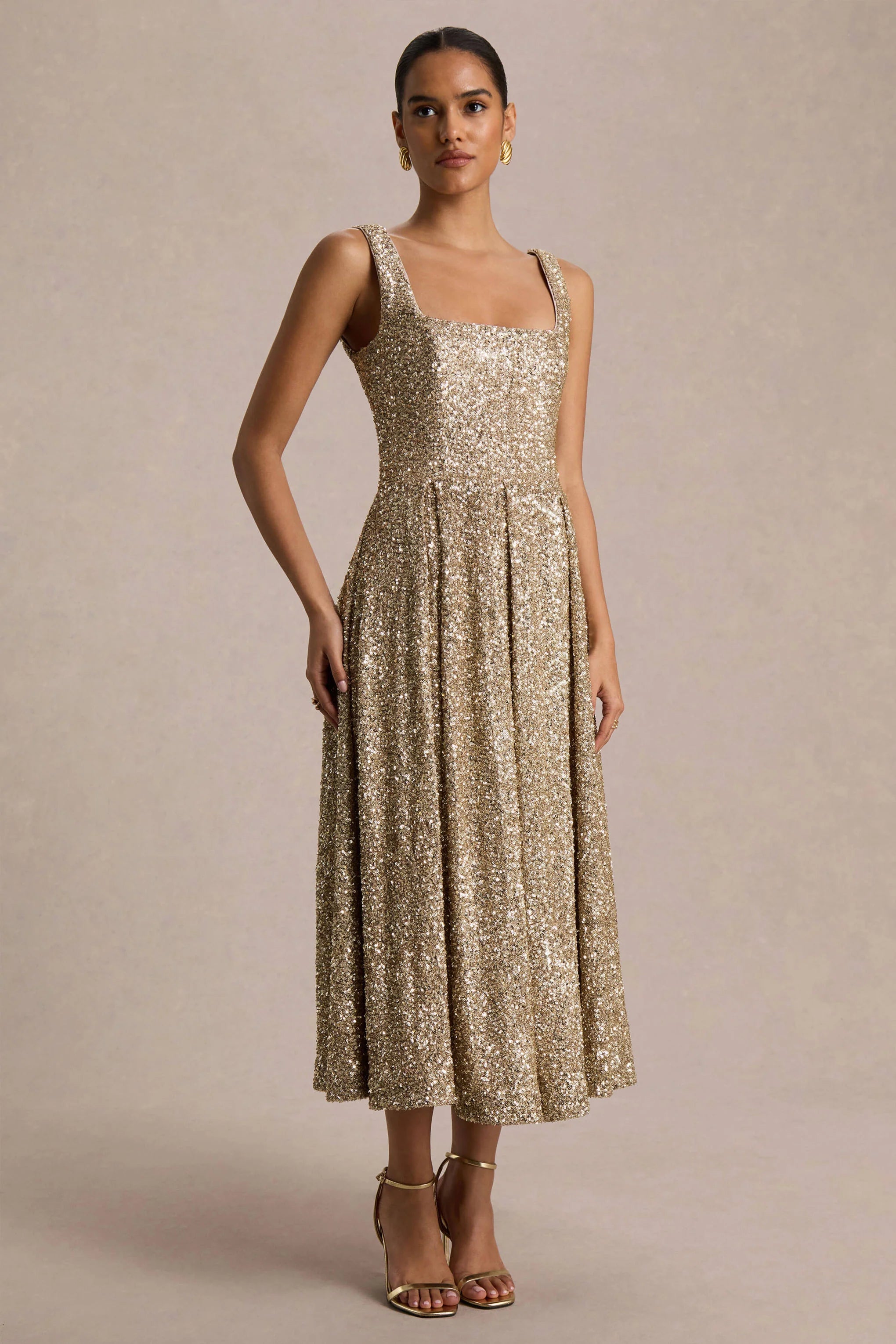 Lima Champagne Sequin Square Neck A Line Midi Dress