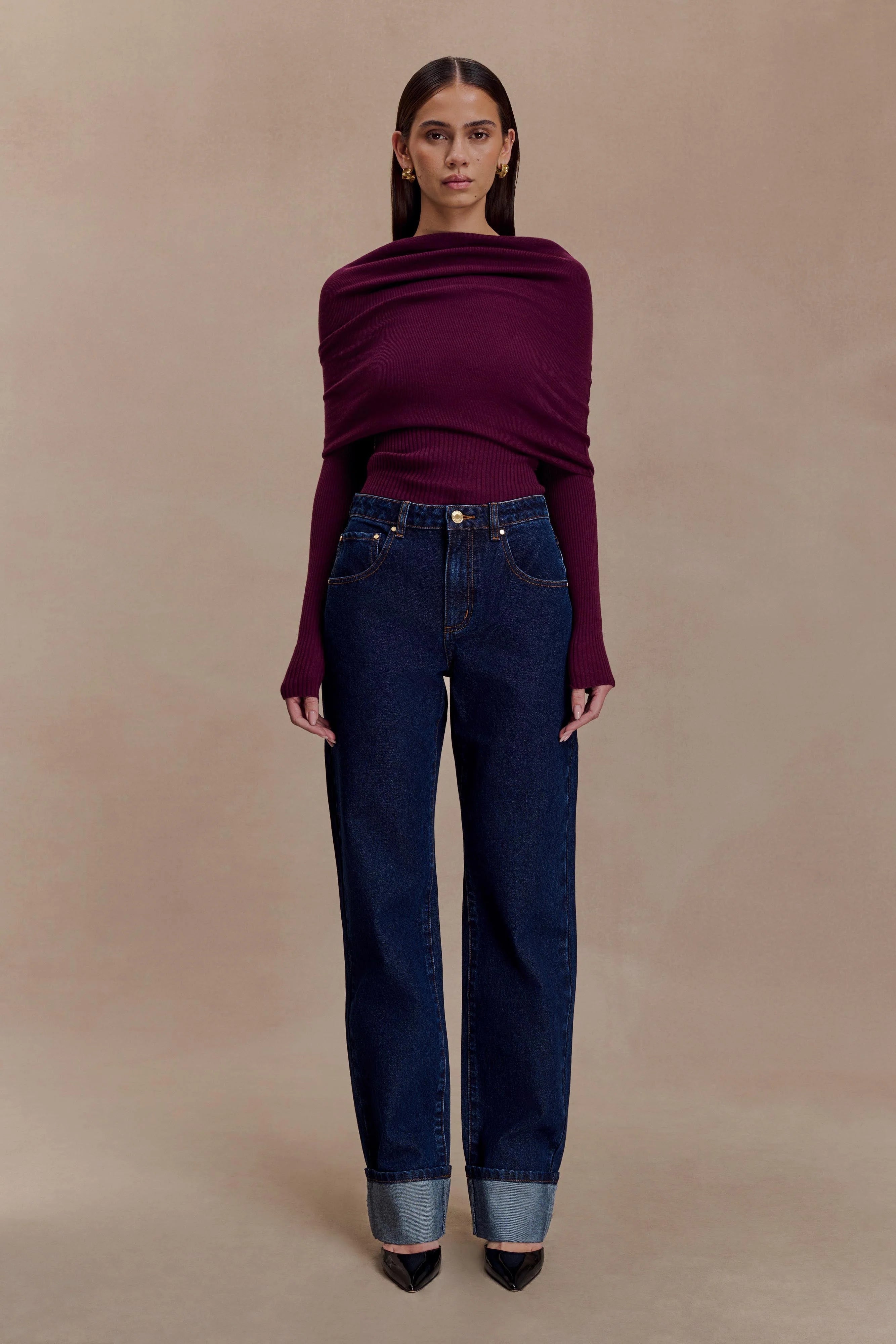 Mazie Asymetrical Cashmere Blend Long Sleeve Knit Top Plum