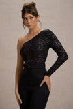 Upgrade Black Lace Asymmetric Belted Wide Leg Jumpsuit