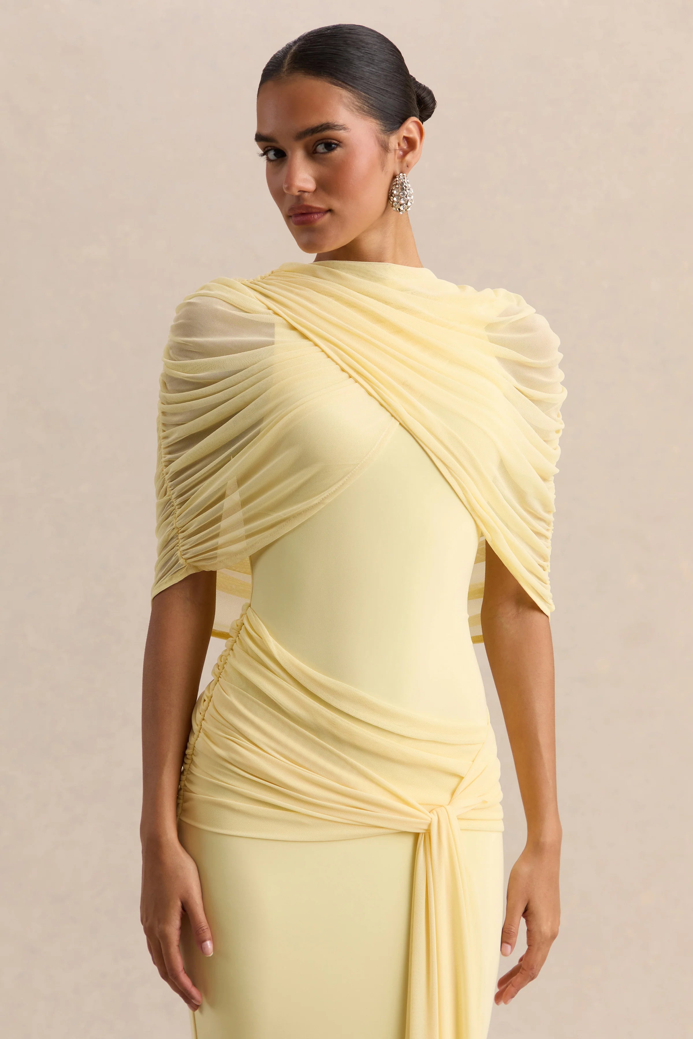 Mirene Lemon Round Neck Maxi Dress With Gathered Detailing And Sash