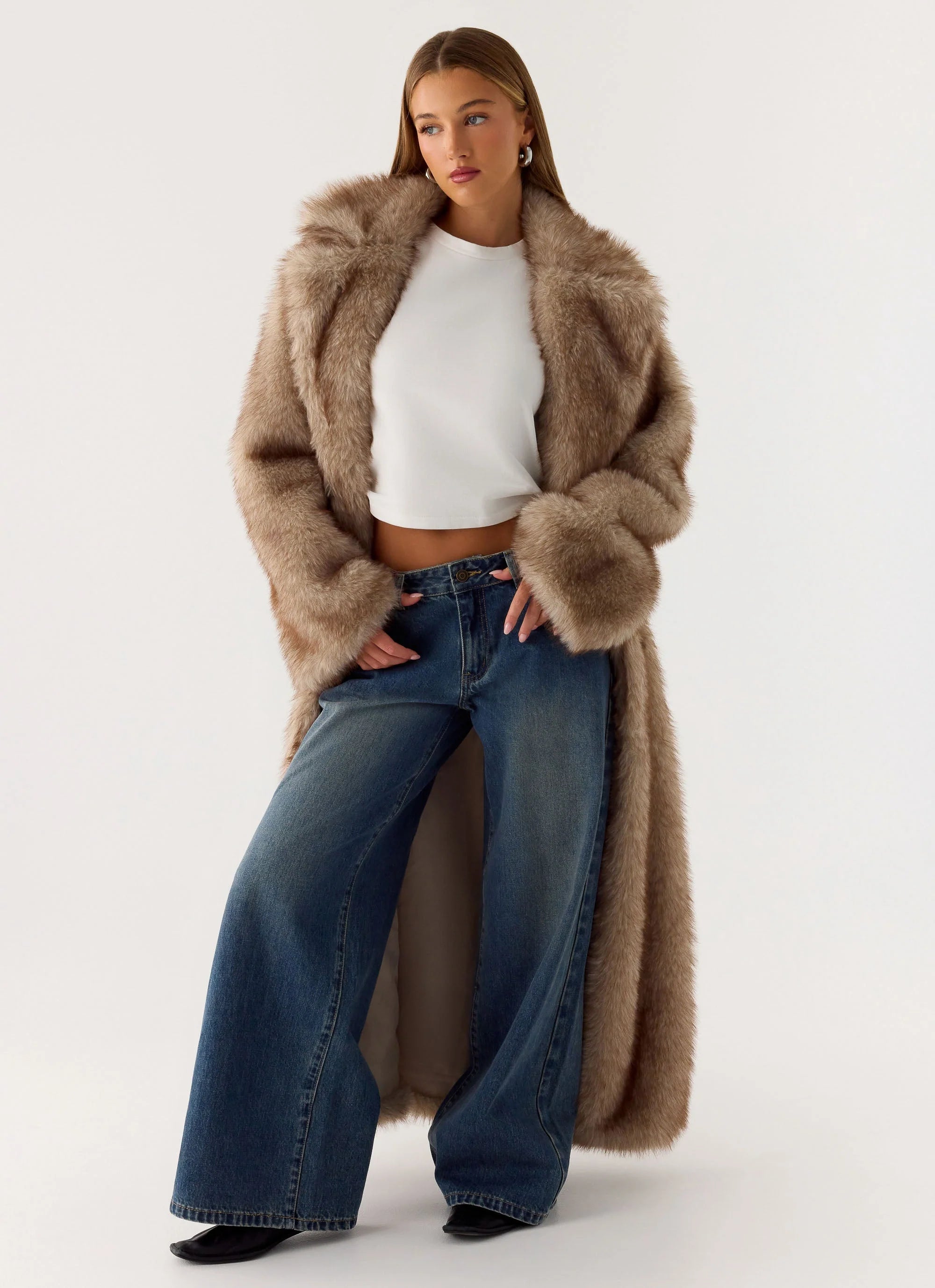 Kamil Faux Fur Maxi Coat Tan Beige