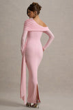 Valina Pink Ruched Asymmetric Maxi Dress With Drape