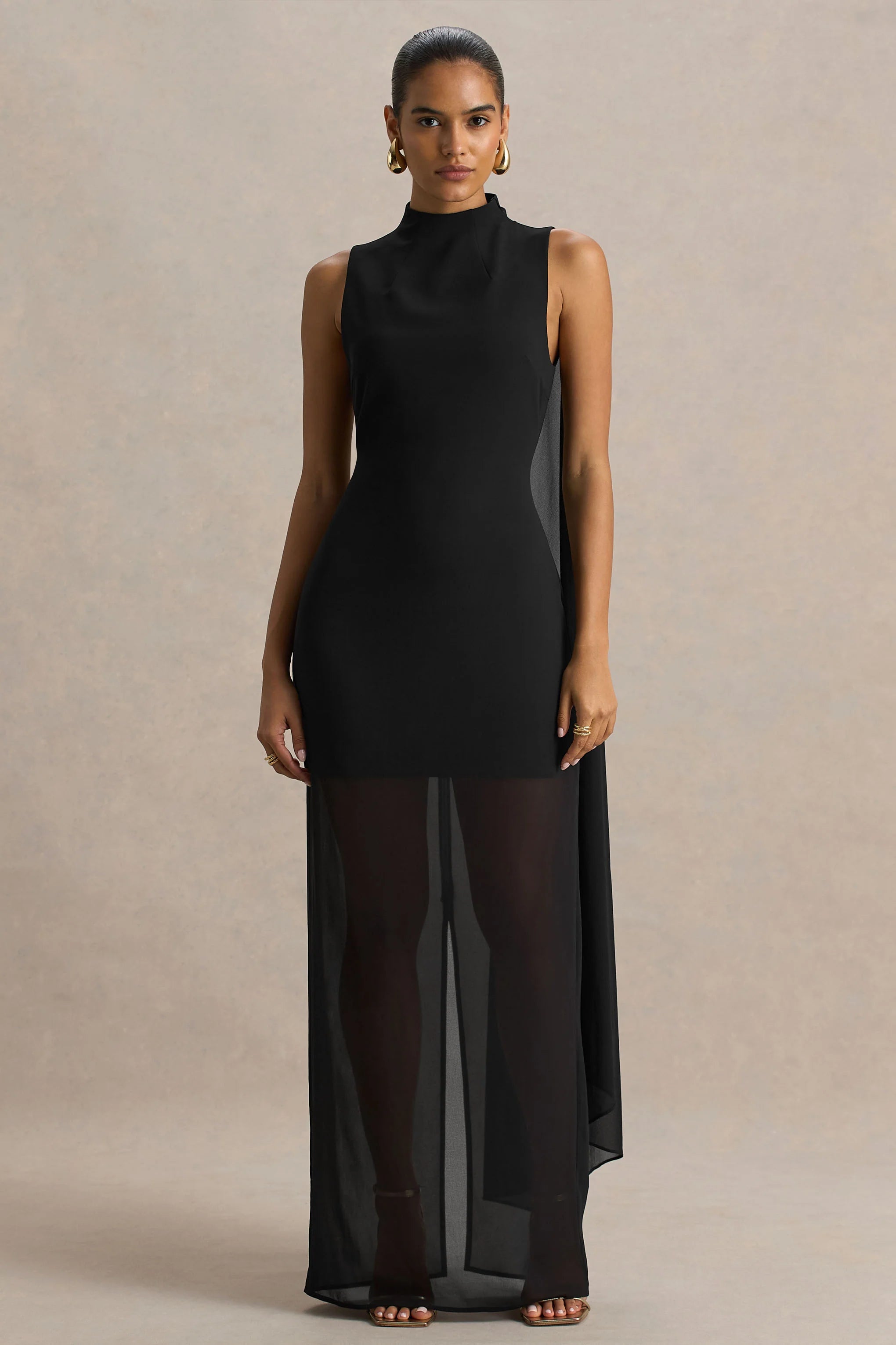 Unpredictable Black High Neck Maxi Dress With Back Cape Detail