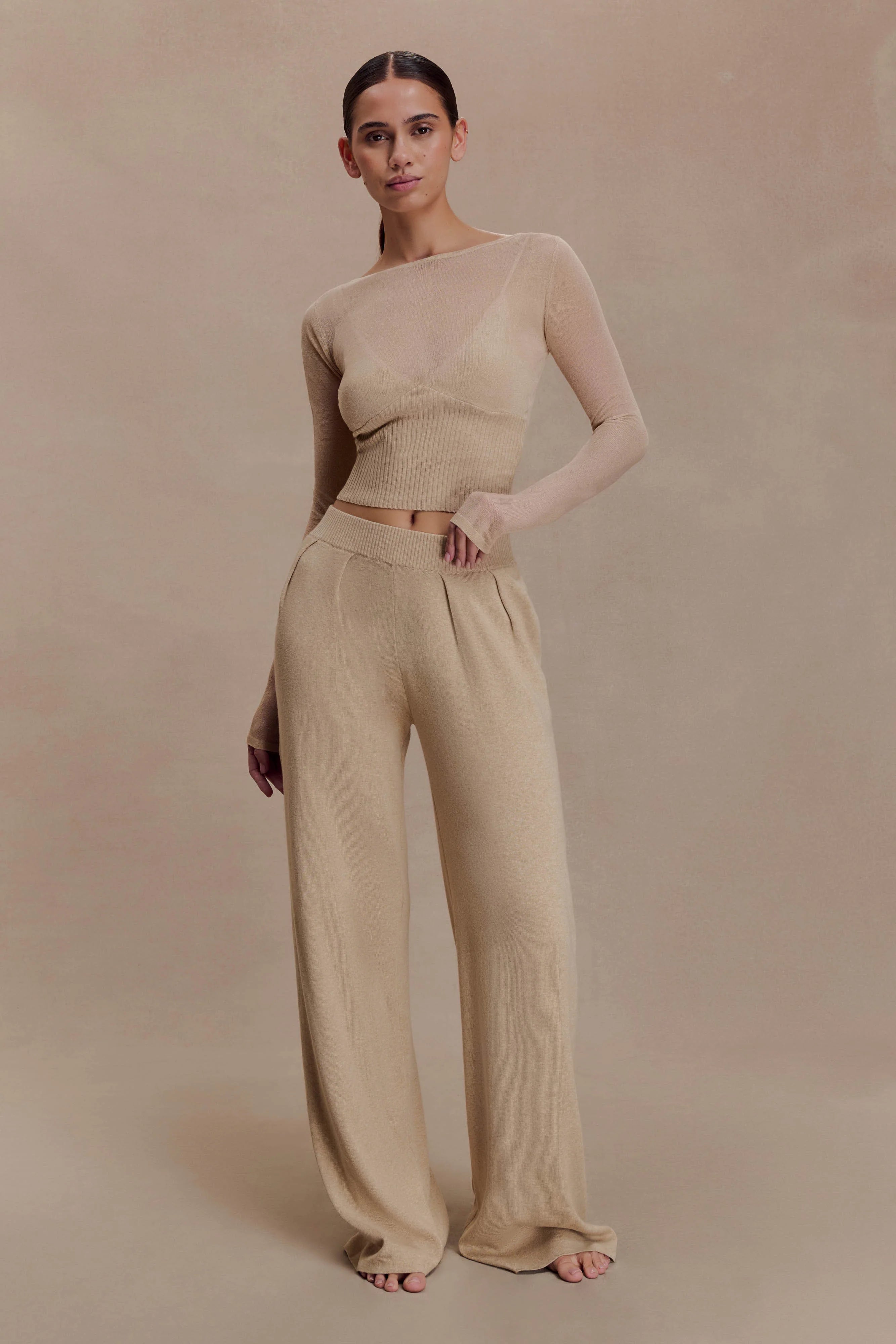 Frannie Gathered Silk Blend Knit Pants Sand