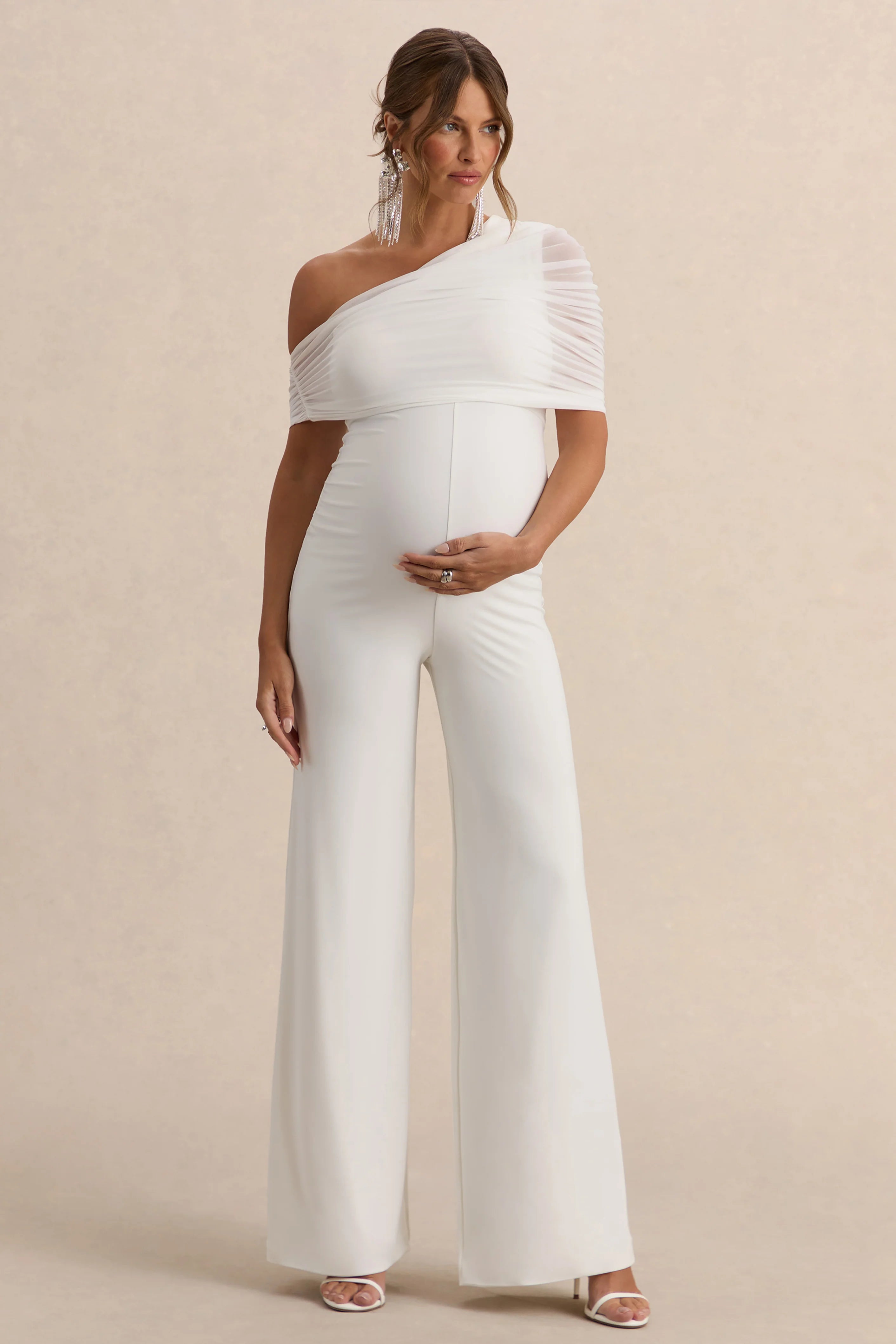 Mariska White Asymmetric Neck Maternity Jumpsuit