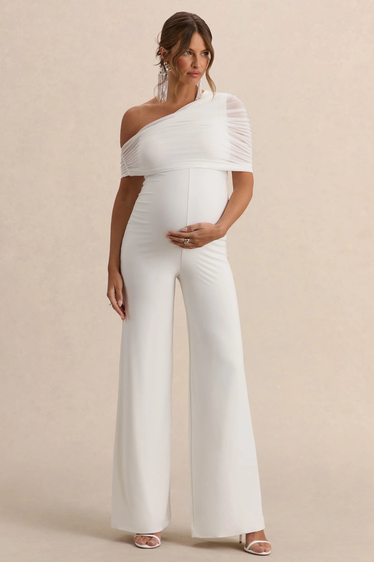 Mariska White Asymmetric Neck Maternity Jumpsuit