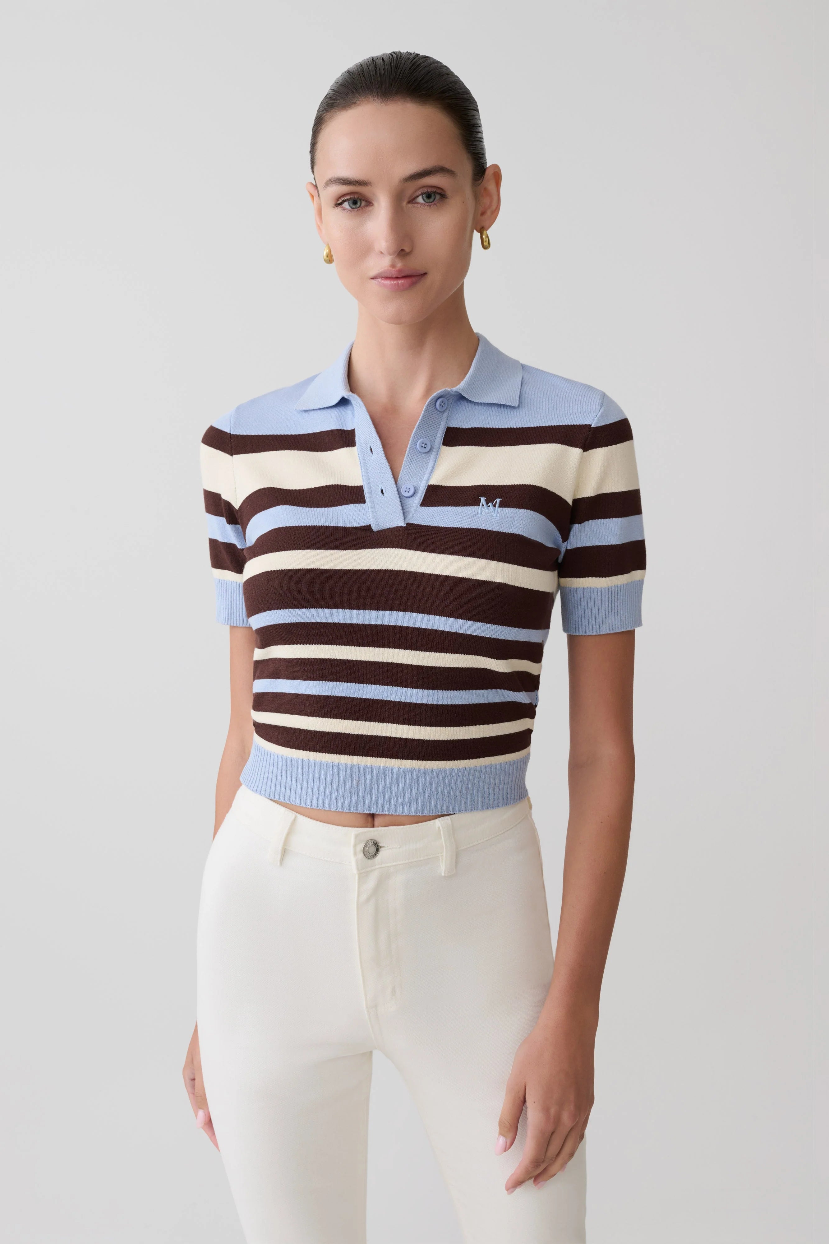 Philly Stripe Knit Button Up Top Chocolate Blue