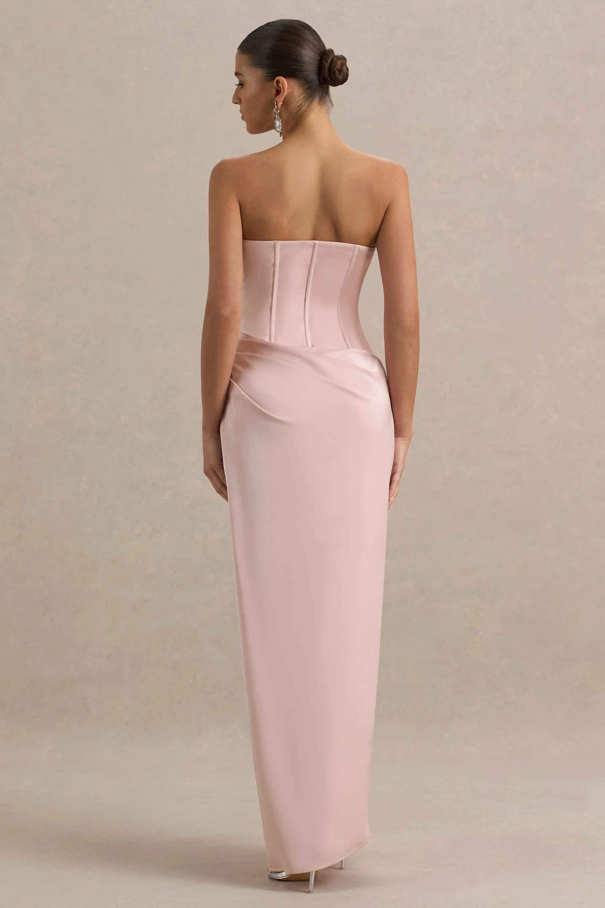 Joseline Pale Pink Satin Corset Wrap Maxi Dress With Scarf