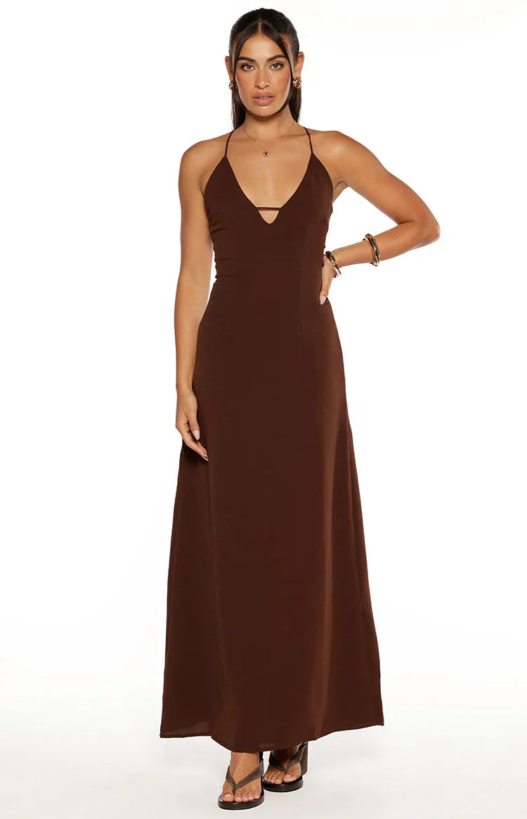 La Jolla Brown V Neck Maxi Dress
