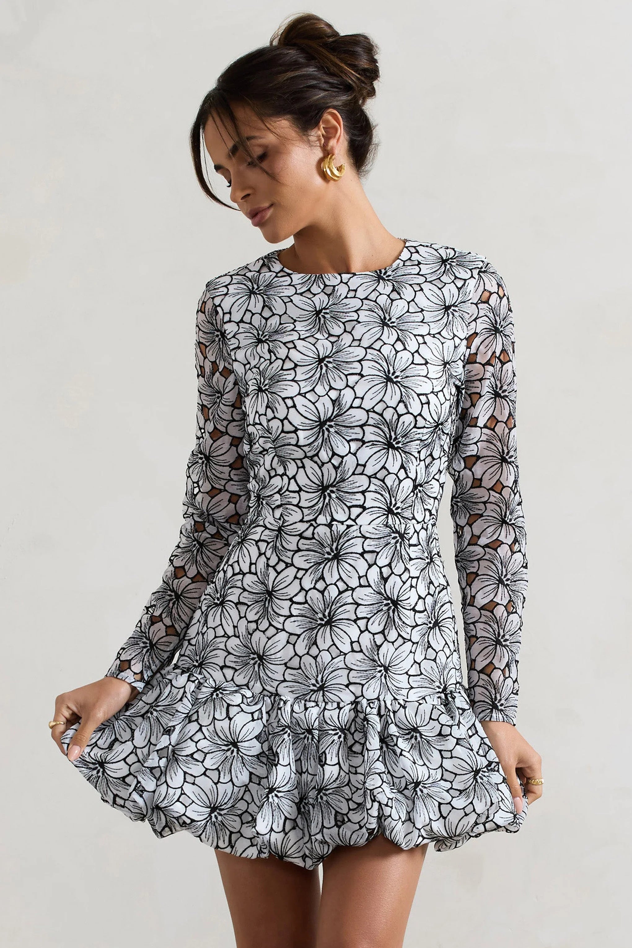 Claribel Black White Lace Long Sleeve Mini Dress With Ruffle Hem