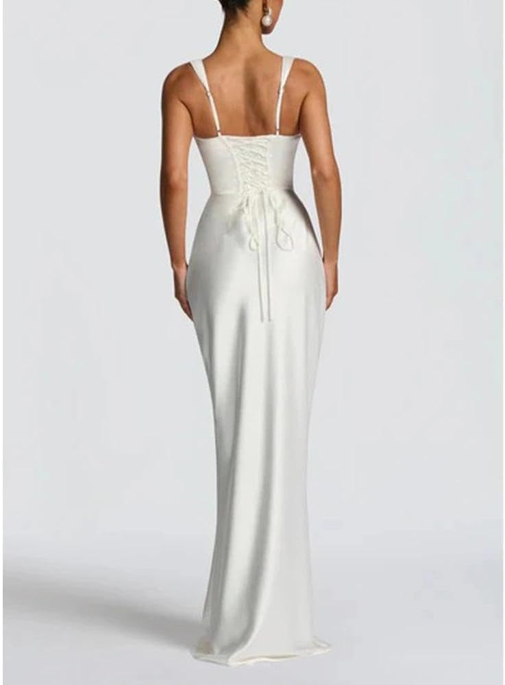 Women Wedding Guest Dress Satin Corset Top Elegant Maxi Dresses with Sheer Scarf Evening Gown
