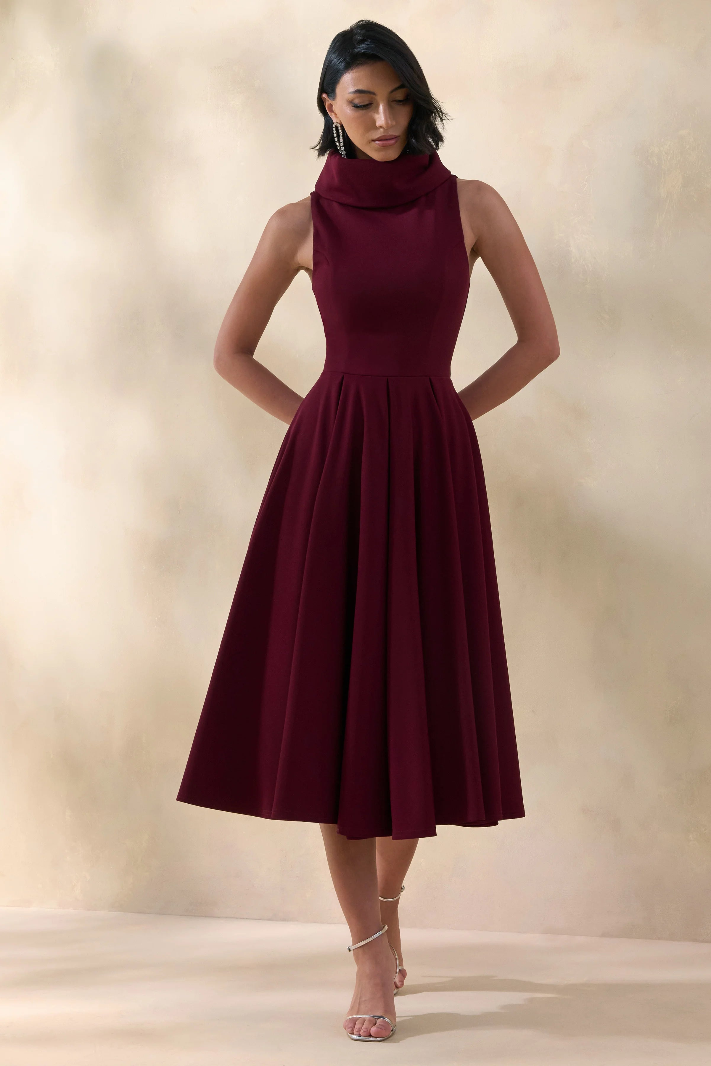 Exclusivity Burgundy High Neck Midi Dress